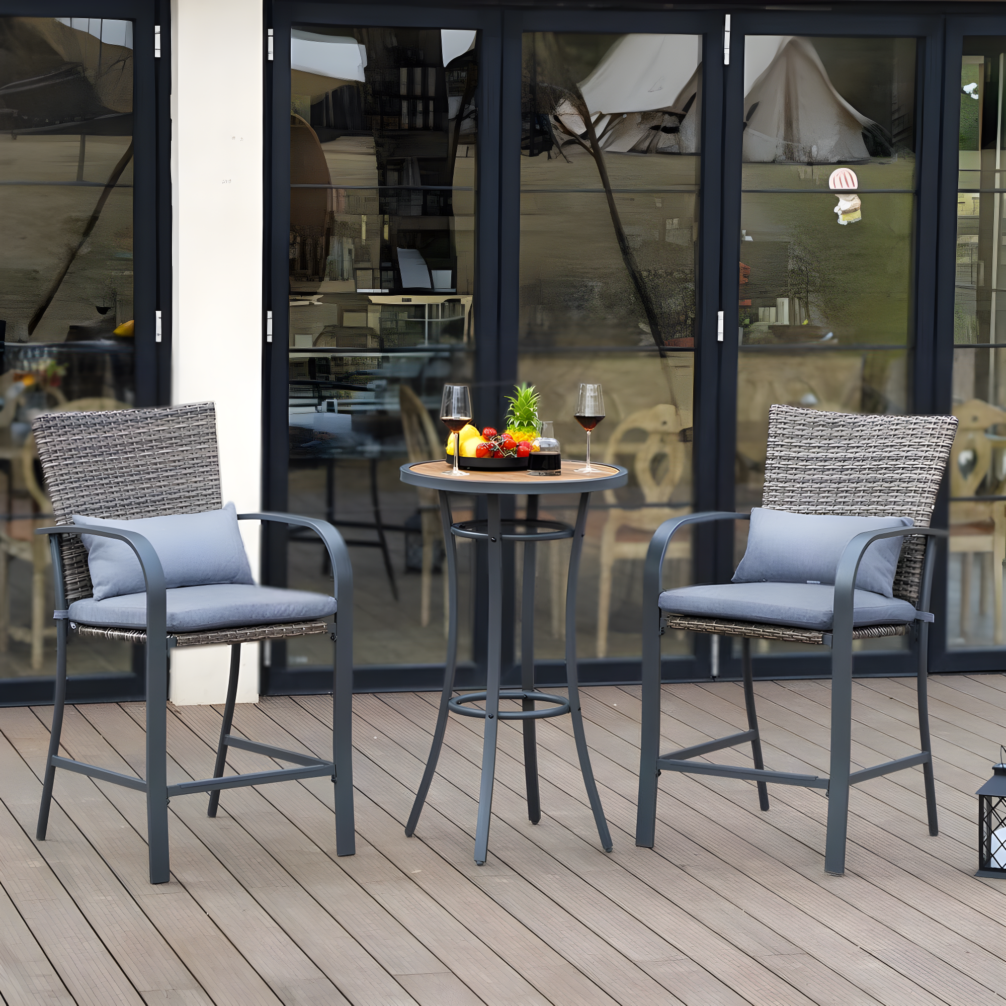 40 in. Outdoor Bar Height Bistro Table with Wood-Like Tabletop and Metal Frame-Weather-Resistant Patio Pub Table