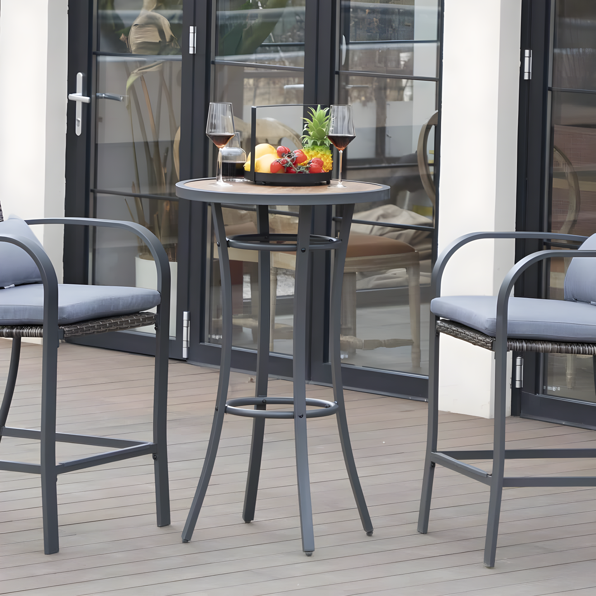 40 in. Outdoor Bar Height Bistro Table with Wood-Like Tabletop and Metal Frame-Weather-Resistant Patio Pub Table