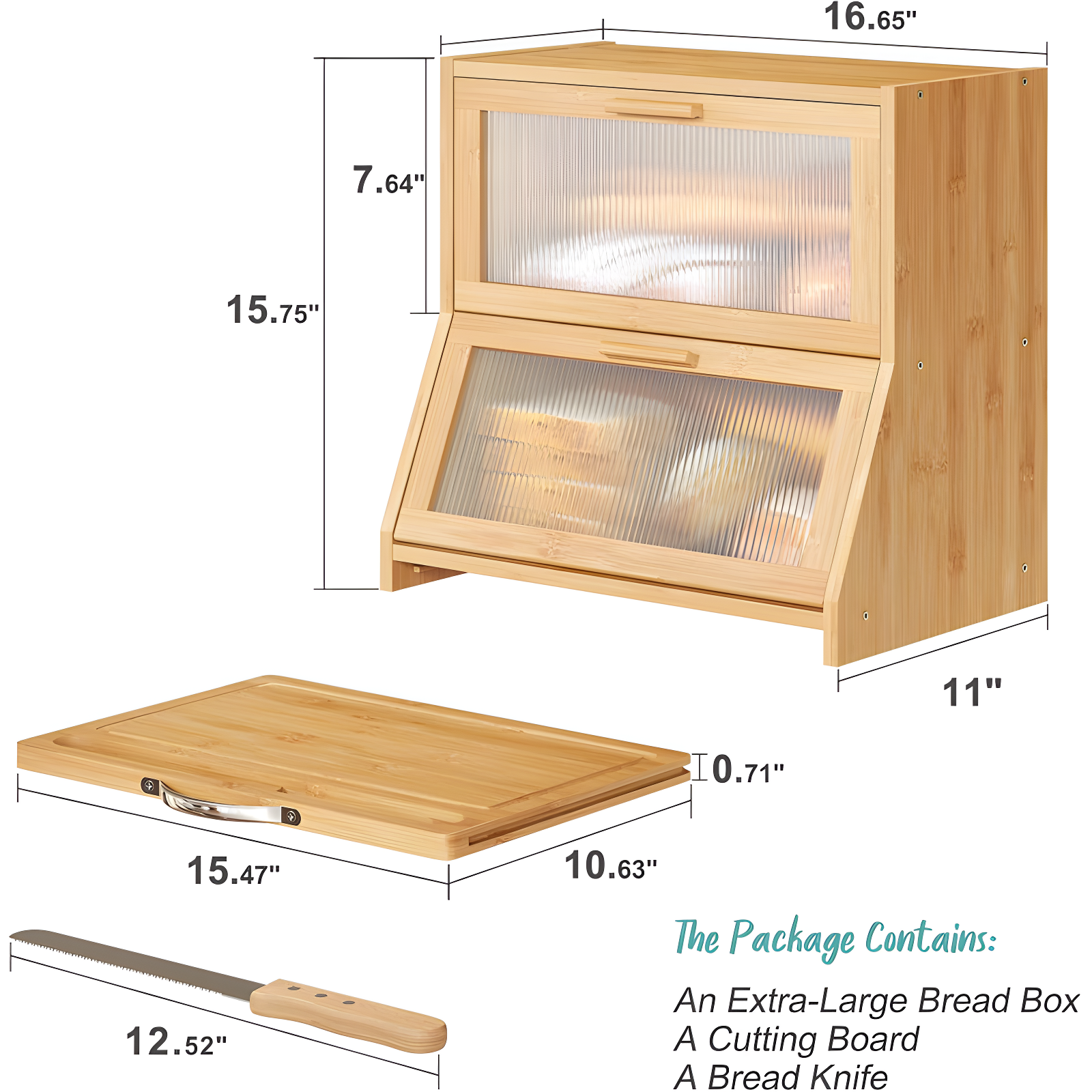 Prep & Savour Large Bread Box For Kitchen Counter, Bamboo Wooden Double Layer Large Capacity Bread Storage Bin With Acrylic Wavy Door Panel (Natural + Cutting Board)