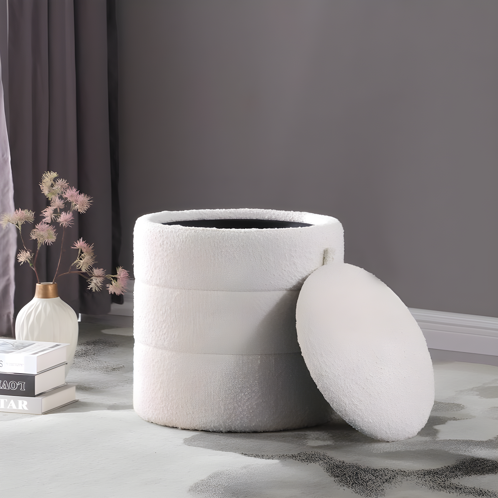 Storage Round Ottoman Cream Boucle - HomePop: Footrest, Vanity Seating, No Assembly Required