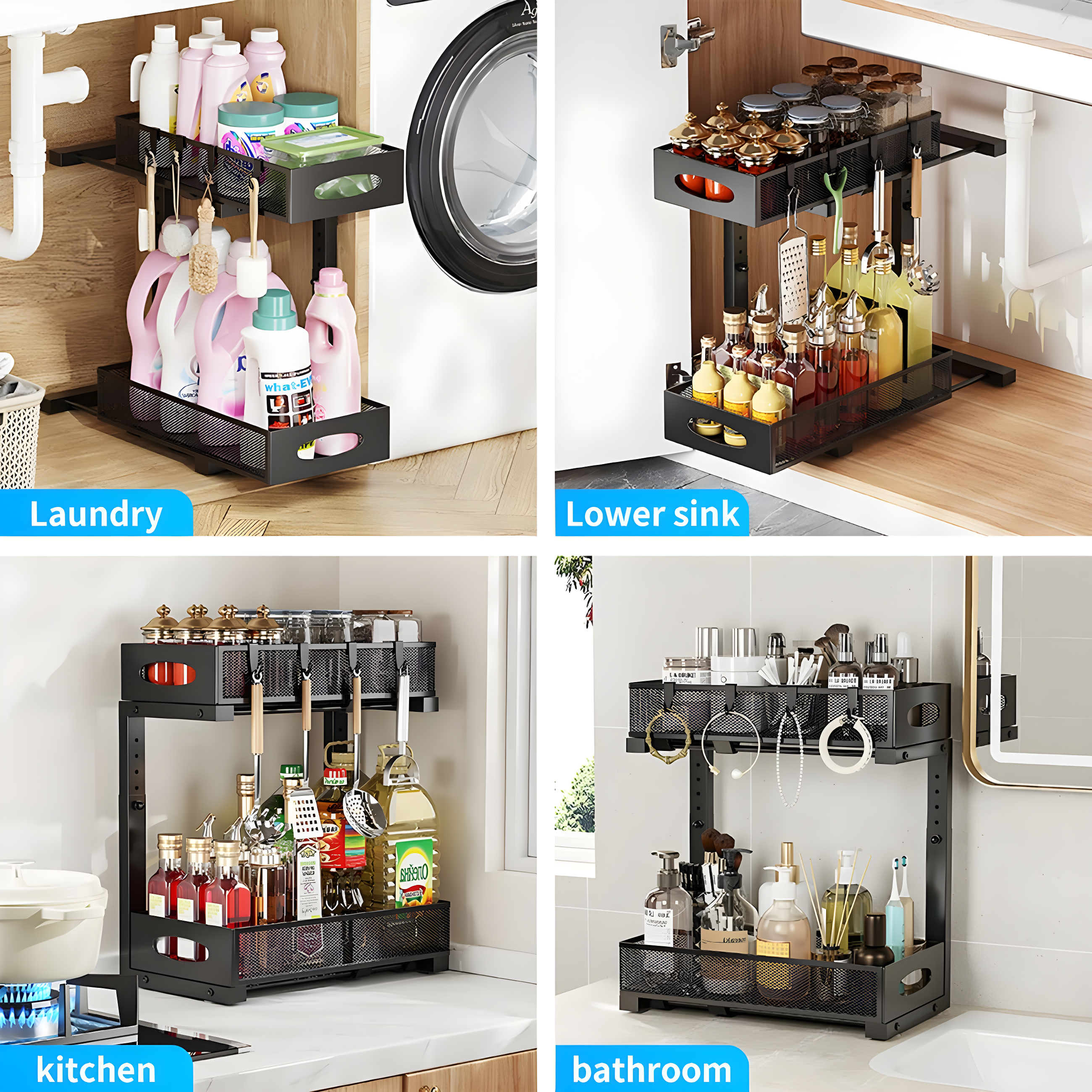 Rebrilliant Under Sink Organizer, 2 Tier Under Sink Organizers And Storage, Metal Slide Out Pull Out Cabinet Organizer ,2 Pack Sliding Drawer Organizer For Kitchen Bathroom Pantry
