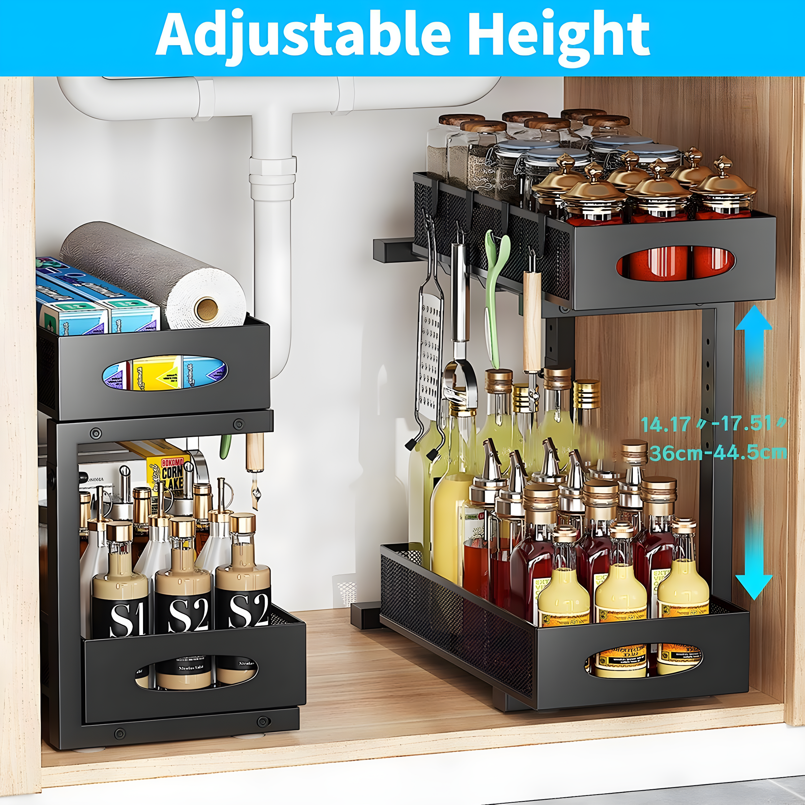 Rebrilliant Under Sink Organizer, 2 Tier Under Sink Organizers And Storage, Metal Slide Out Pull Out Cabinet Organizer ,2 Pack Sliding Drawer Organizer For Kitchen Bathroom Pantry