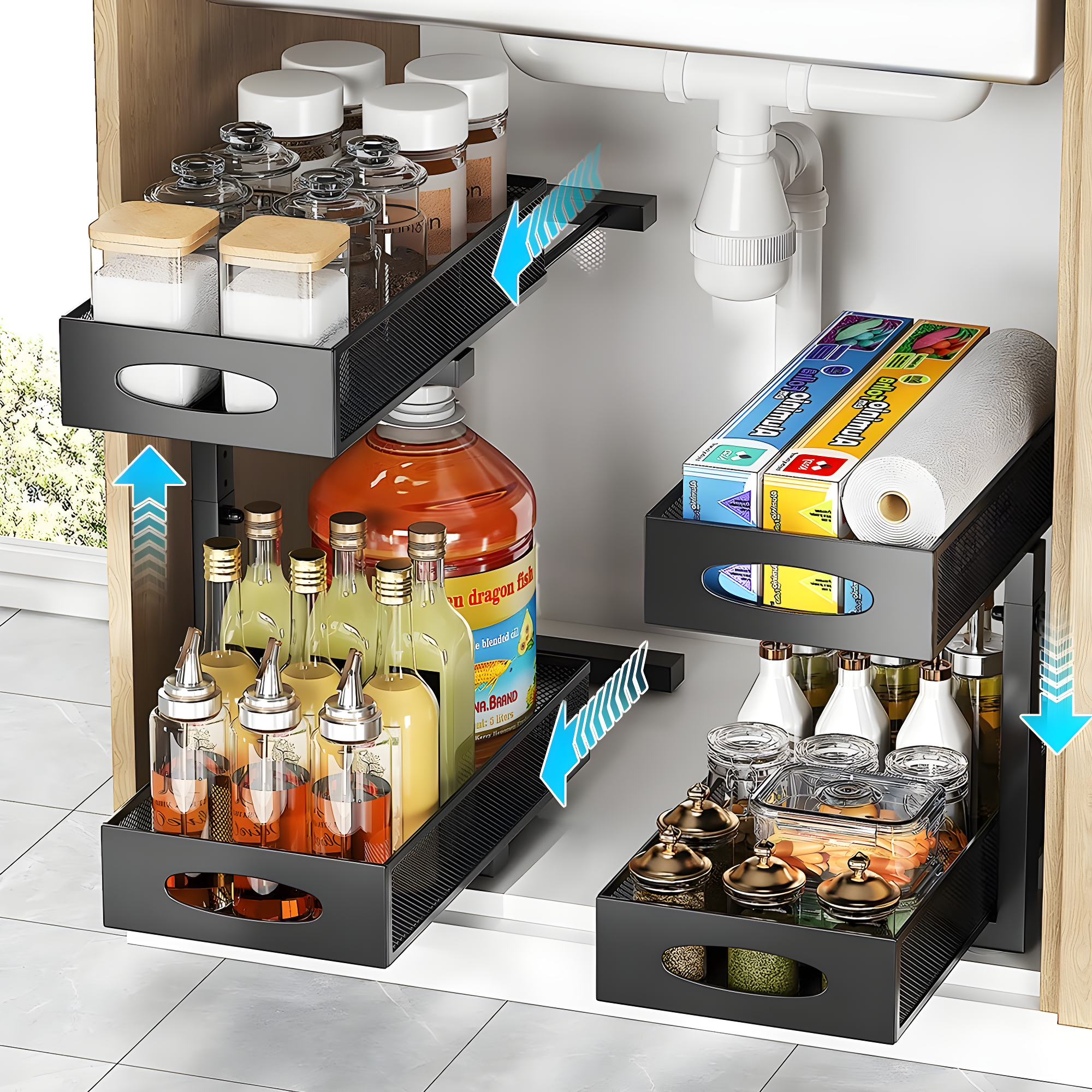 Rebrilliant Under Sink Organizer, 2 Tier Under Sink Organizers And Storage, Metal Slide Out Pull Out Cabinet Organizer ,2 Pack Sliding Drawer Organizer For Kitchen Bathroom Pantry