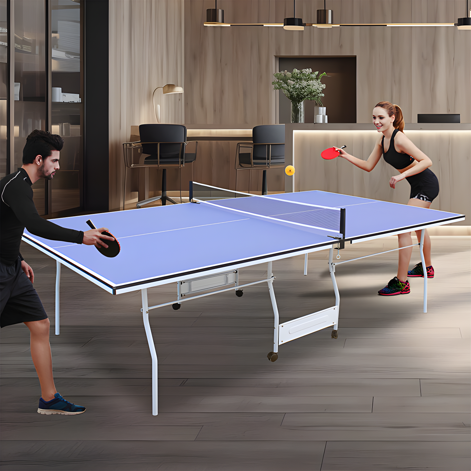 ALPHANEO 9Ft Mid-Size Table Tennis Table Foldable  And  Portable Ping Pong Table Set For Indoor  And  Outdoor Games With Net, 2 Table Tennis Paddles And 3 Balls