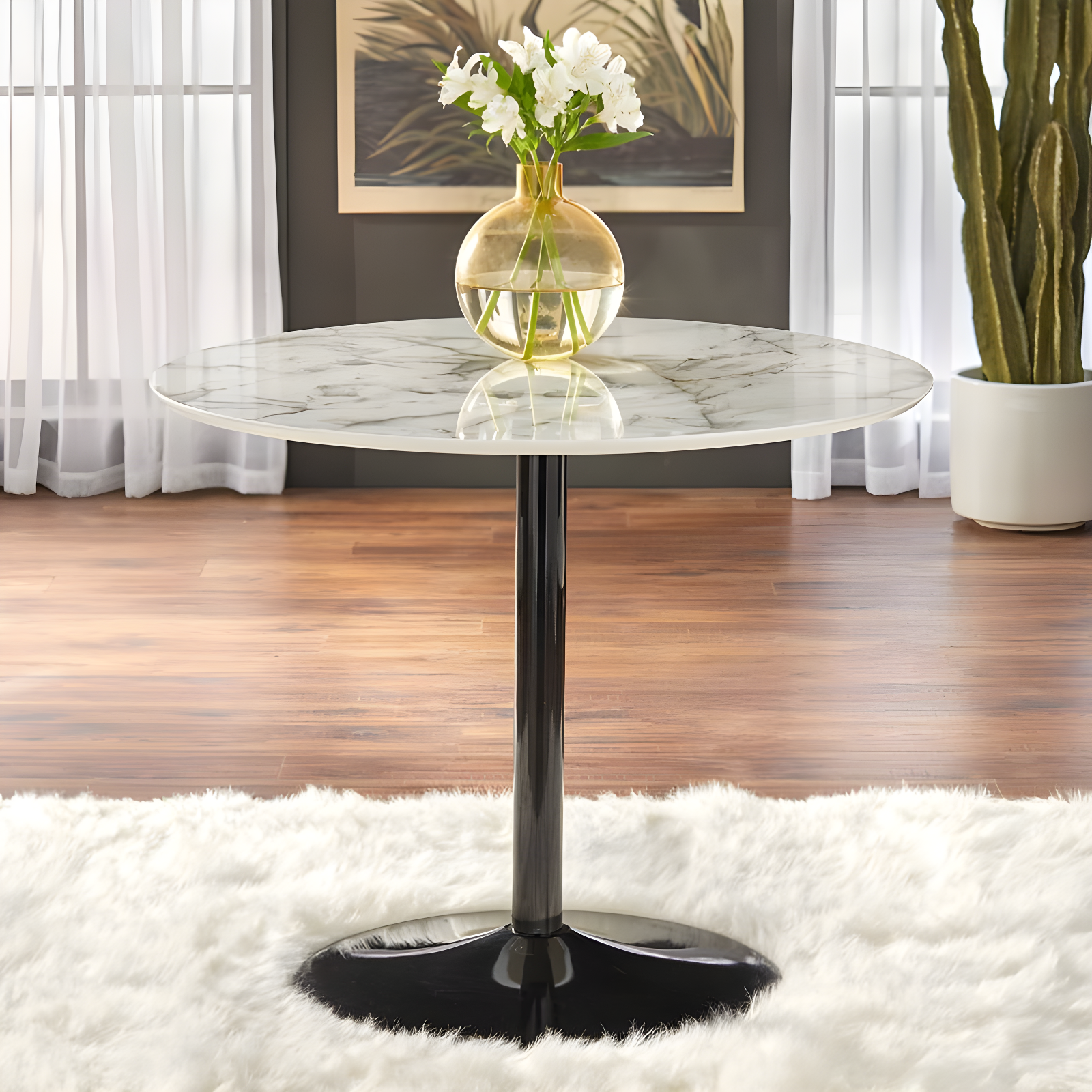 Buylateral Hillboro Modern Round Pedestal Base Dining Table White/Black: MDF Top, 2-Seater Kitchen Furniture