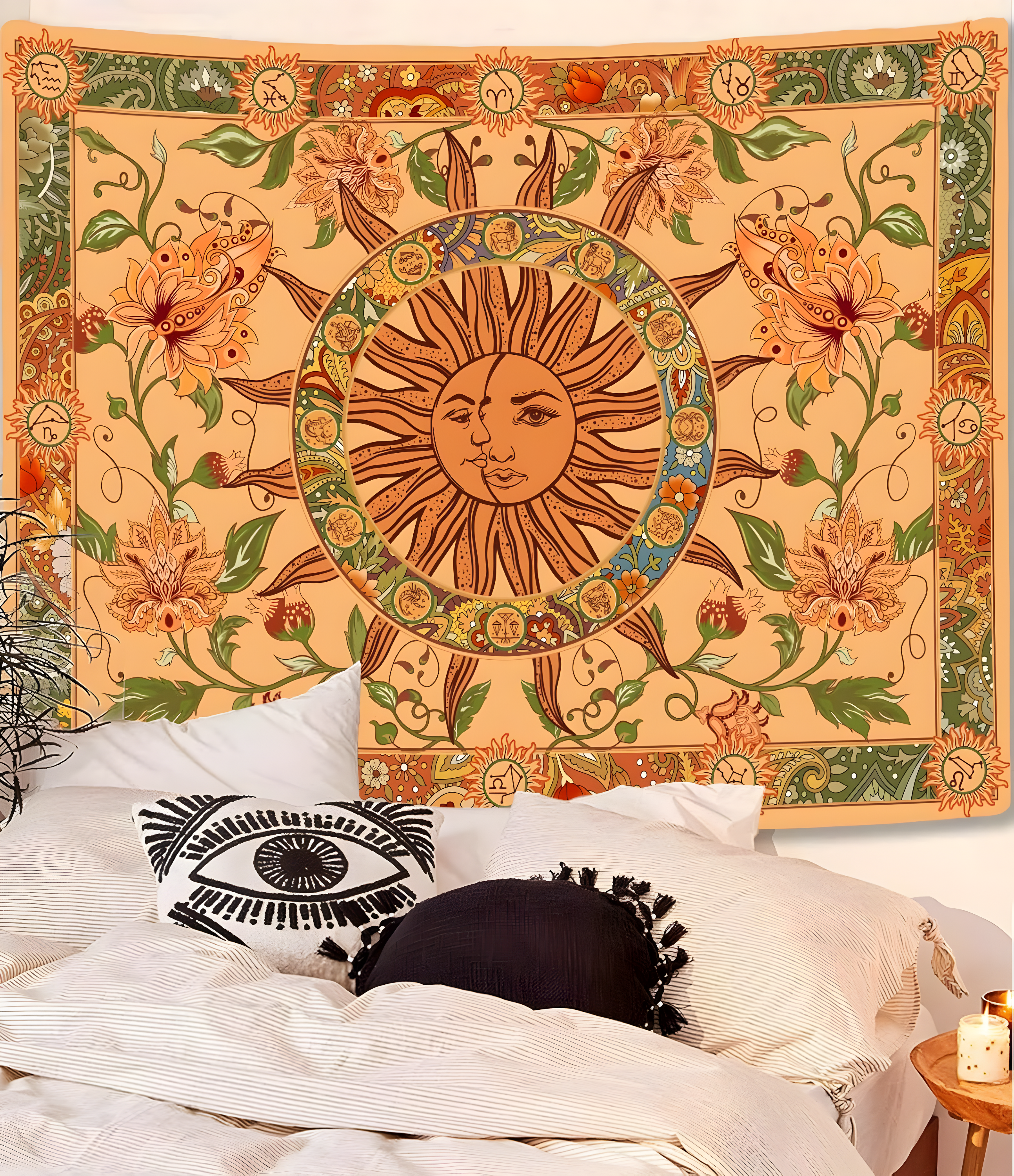 Yellow Sun and Moon Tapestry Vintage Indie Boho Tapestry Wall Hanging with Sunflowers Butterfly Moth Constellation Aesthetic Wall Tapestries for Room Decor (35''high × 47''wide)