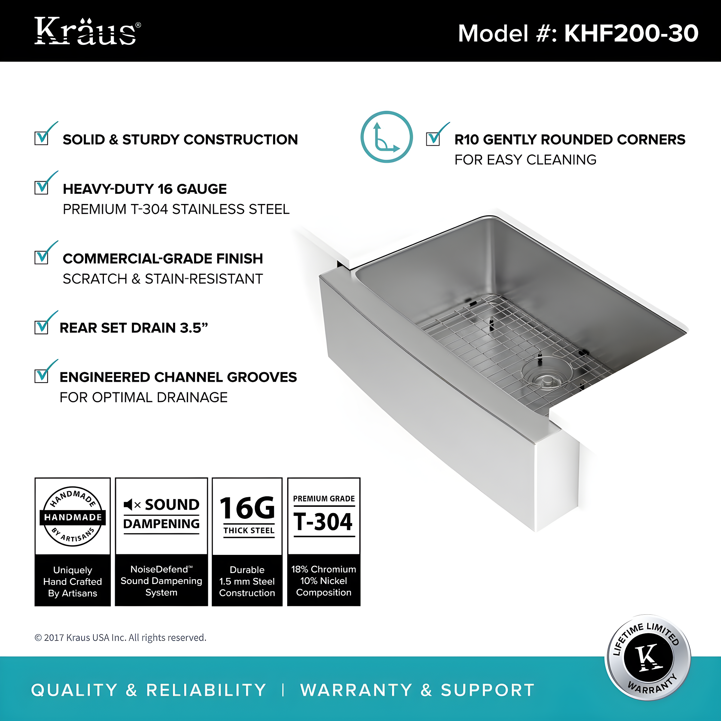 KRAUS Standart Pro Apron Front Farmhouse 16 Gauge Single Bowl Stainless Steel Kitchen Sink