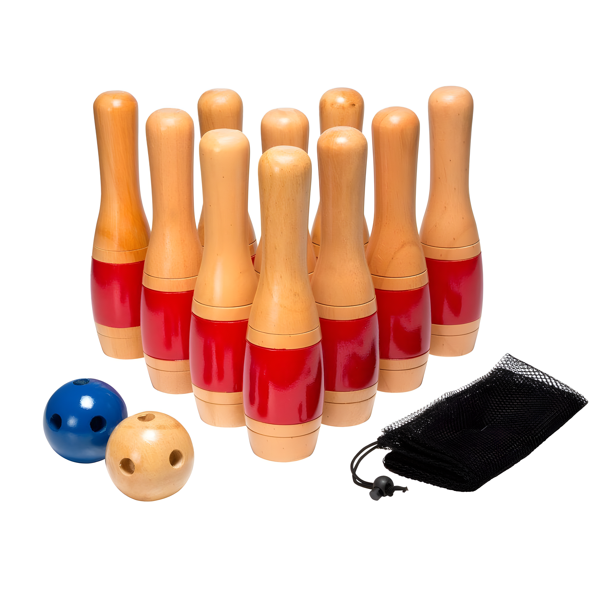 Bowling Set- Indoor and Outdoor Use Includes 10 Wood Pins, 2 Bowling Balls, and Carrying Bag, Red