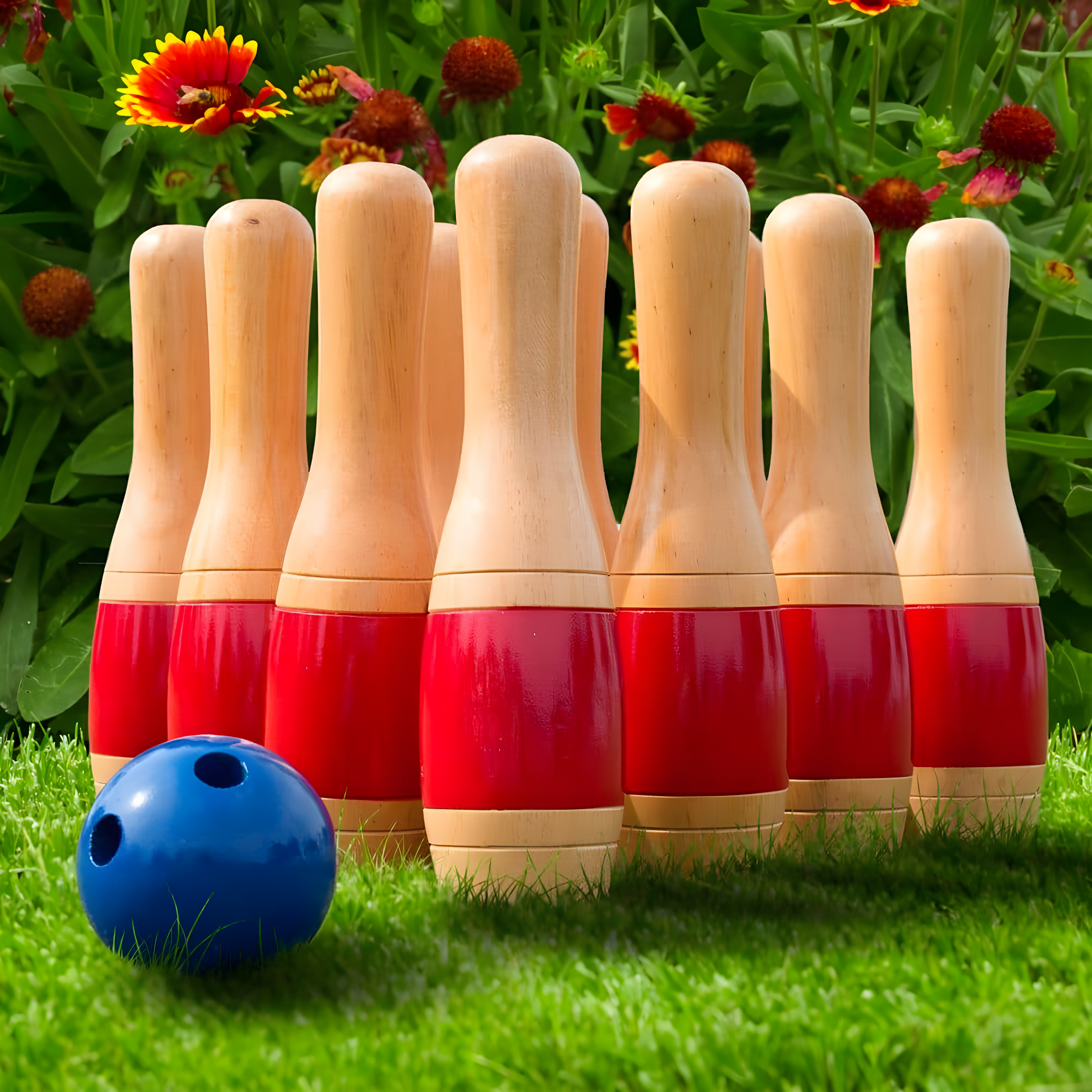 Bowling Set- Indoor and Outdoor Use Includes 10 Wood Pins, 2 Bowling Balls, and Carrying Bag, Red