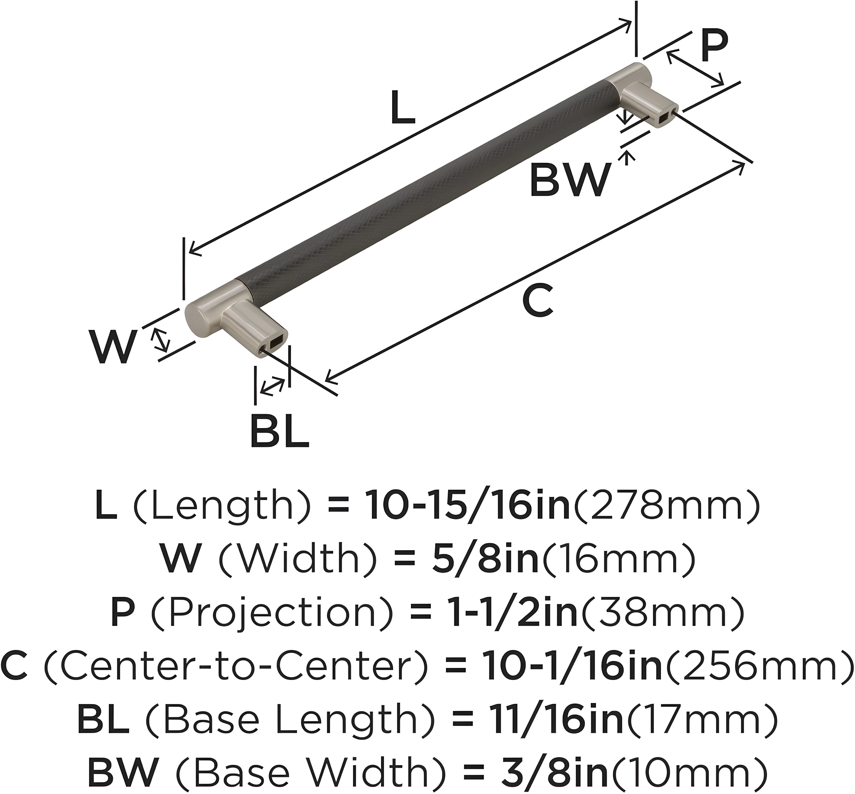 Amerock Esquire 10-1/16 inch (256mm) Center-to-Center Satin Nickel/Oil-Rubbed Bronze Cabinet Pull