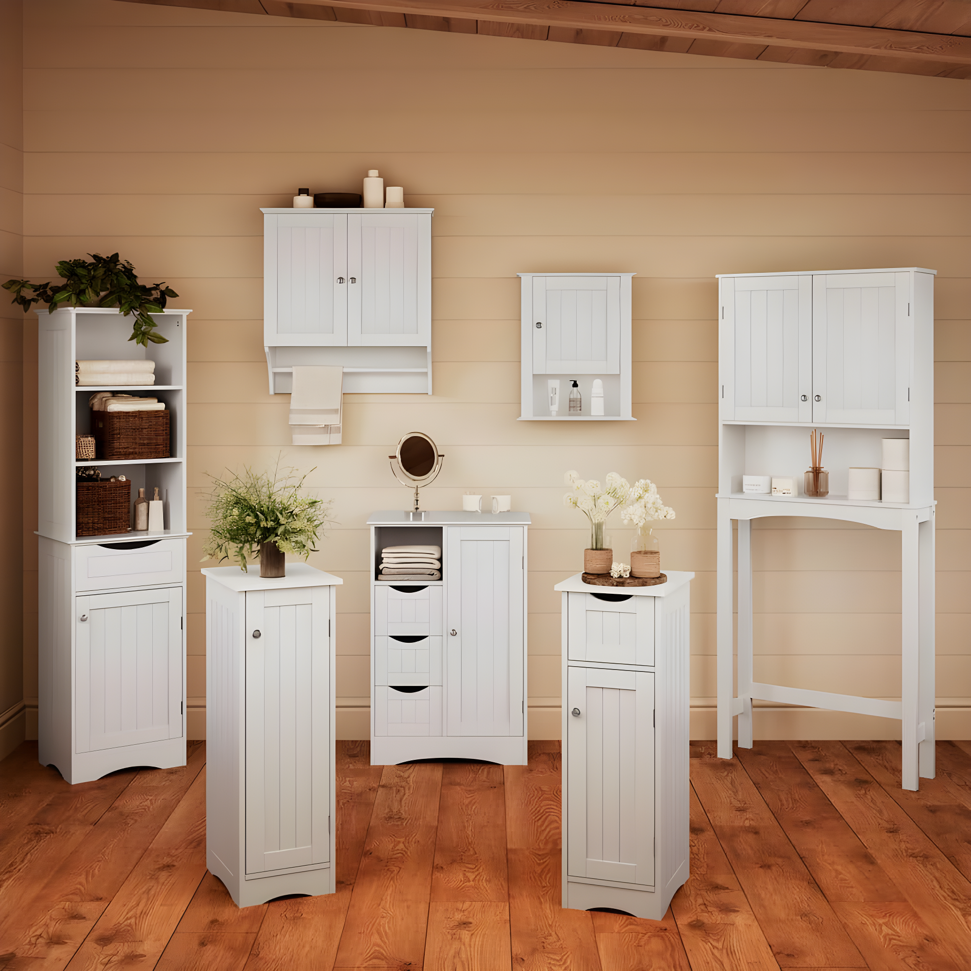 RiverRidge Ashland Tall Bathroom Storage Linen Cabinet and Organizer with Drawer and Shelves