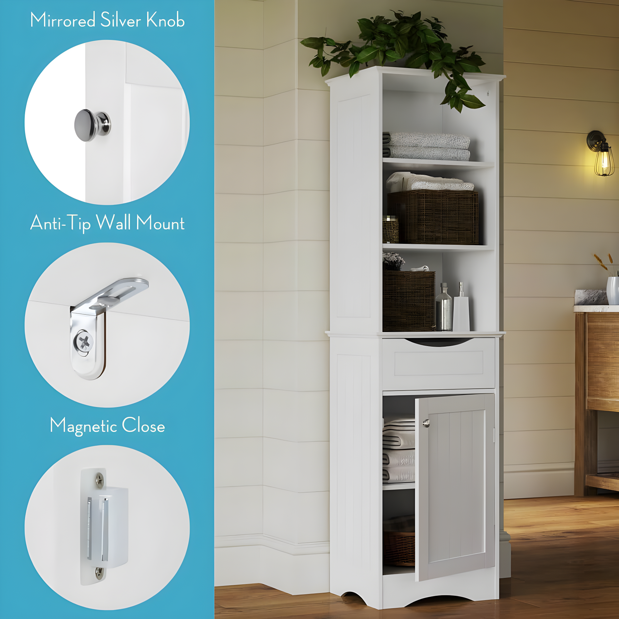 RiverRidge Ashland Tall Bathroom Storage Linen Cabinet and Organizer with Drawer and Shelves