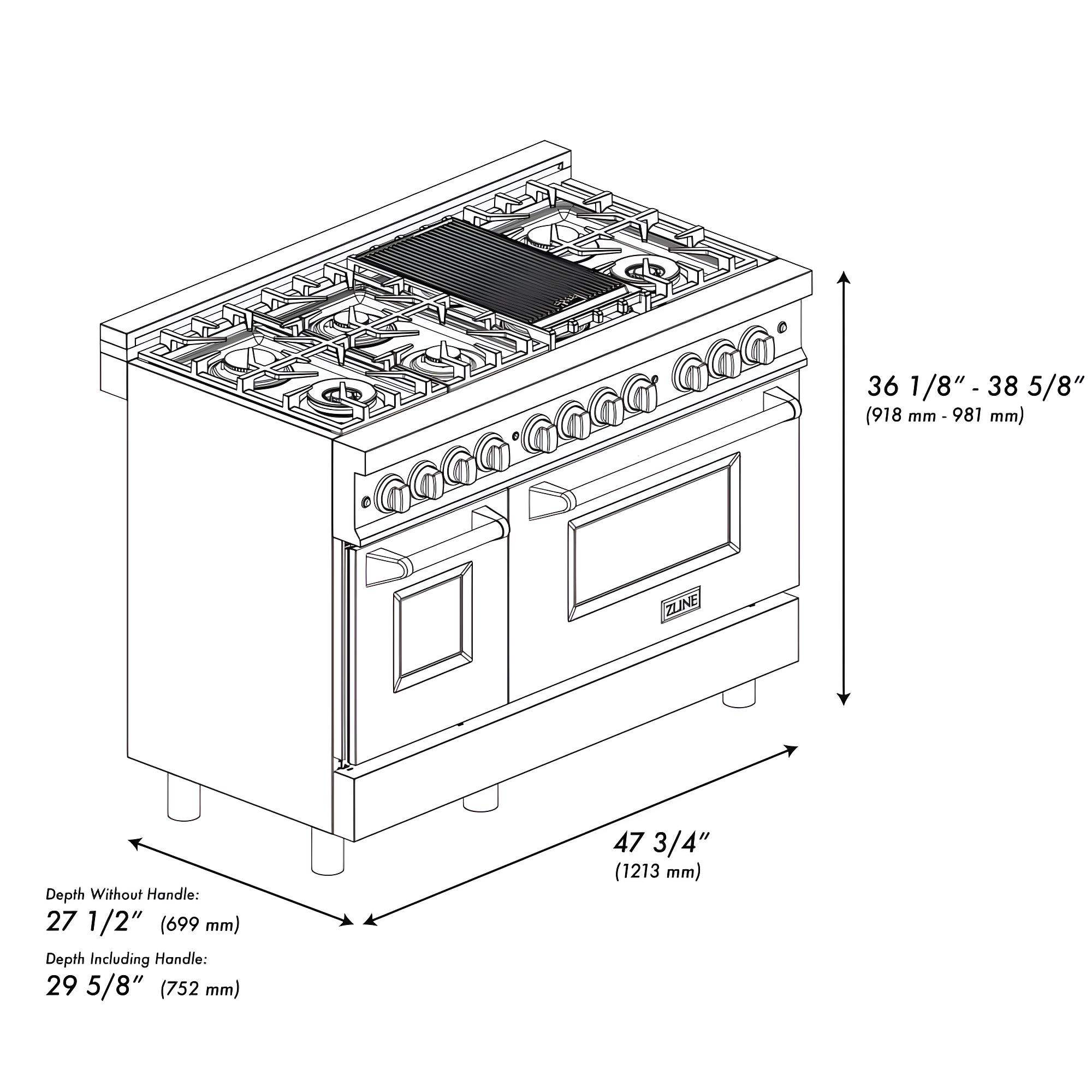 ZLINE 48 in. 6.0 cu. ft. Legacy Dual Fuel Range W/ 7 Burner Gas Cooktop & 2 Electric Ovens in Stainless Steel (RA48)