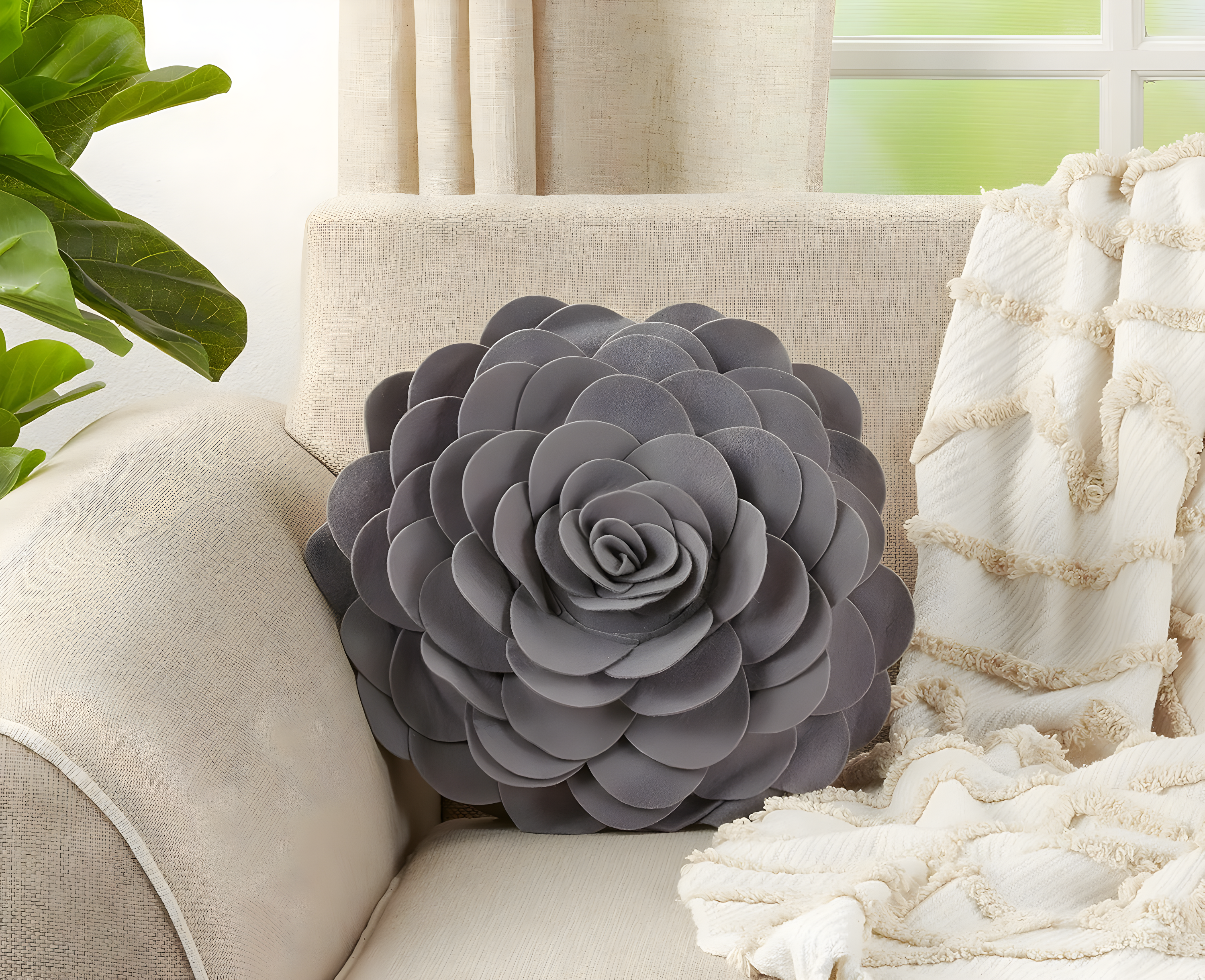 Flower Appliqued Felt Throw Pillow