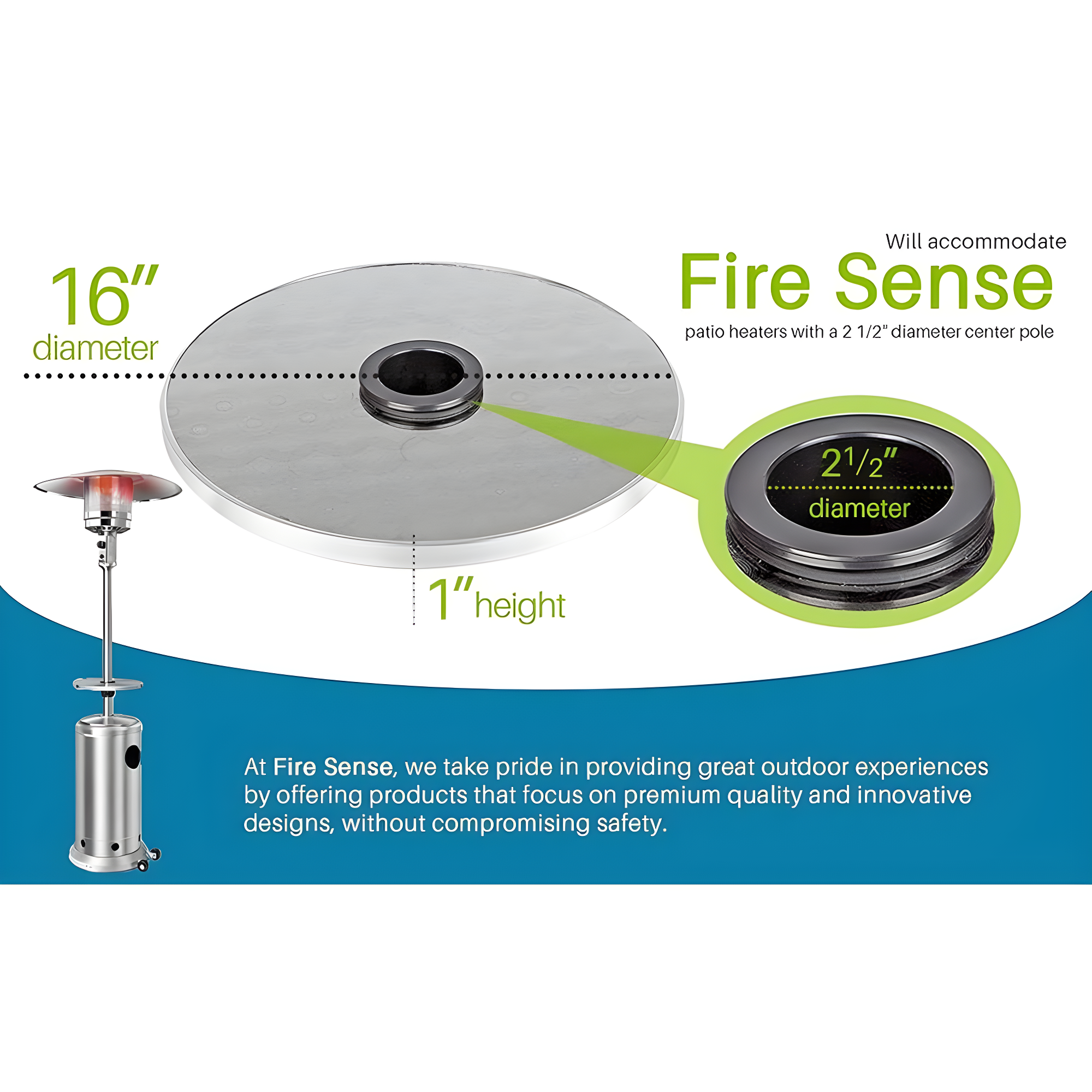 Fire Sense Fire Sense Adjustable Table for Patio Heater Stainless Steel Construction, Fits heaters with 2-1/2” Diameter Posts-16" Diameter