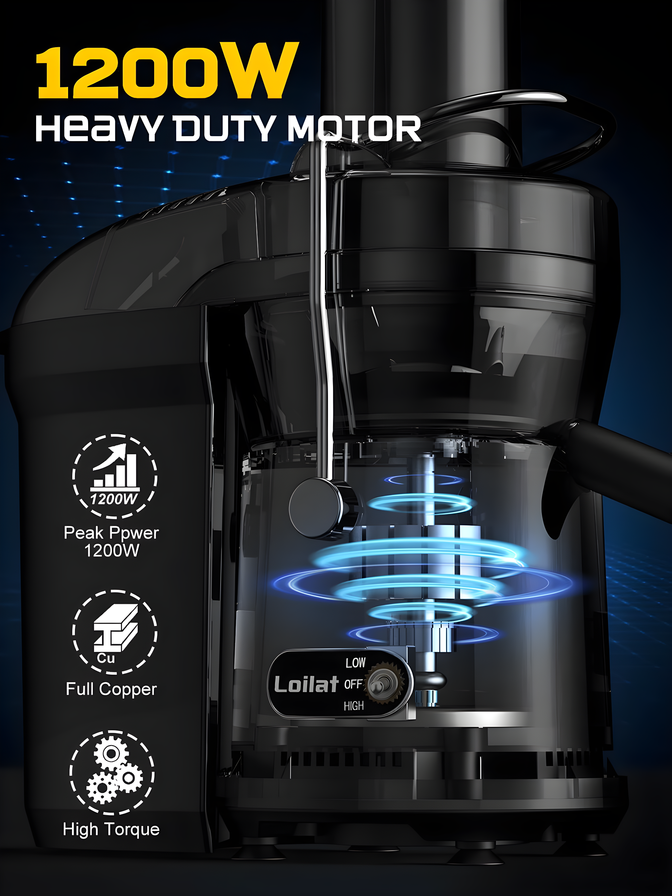 Juicer Machine, 1200W Juicer with 3" Feed Chute for Whole Fruits and Veg, Dual Speeds Centrifugal Juice Extractor, High Juice Yield, Full Copper Motor, Easy to Clean, BPA Free, JE2106