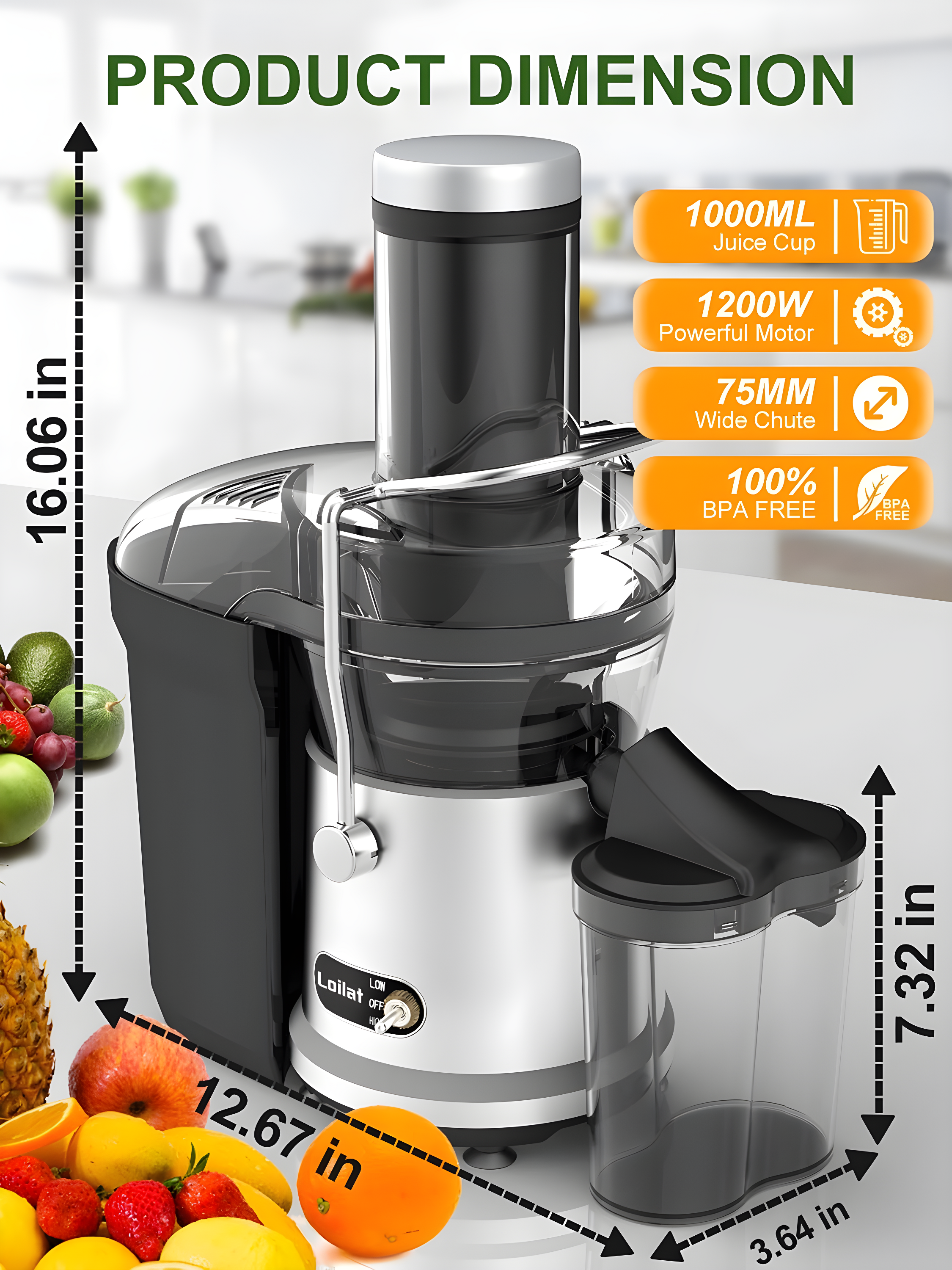 Juicer Machine, 1200W Juicer with 3" Feed Chute for Whole Fruits and Veg, Dual Speeds Centrifugal Juice Extractor, High Juice Yield, Full Copper Motor, Easy to Clean, BPA Free, JE2106