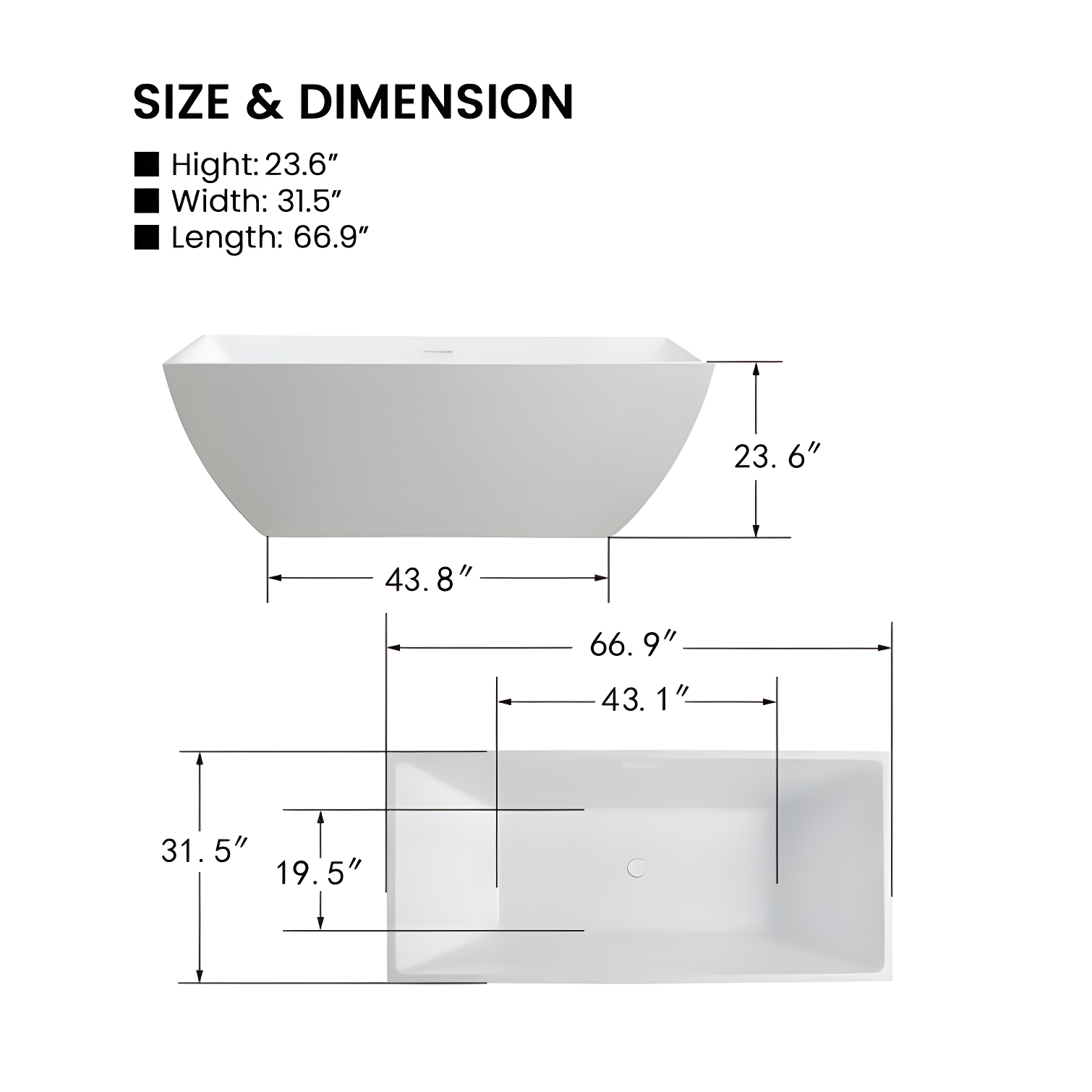 66.9" x 33" Freestanding Soaking Bathtub