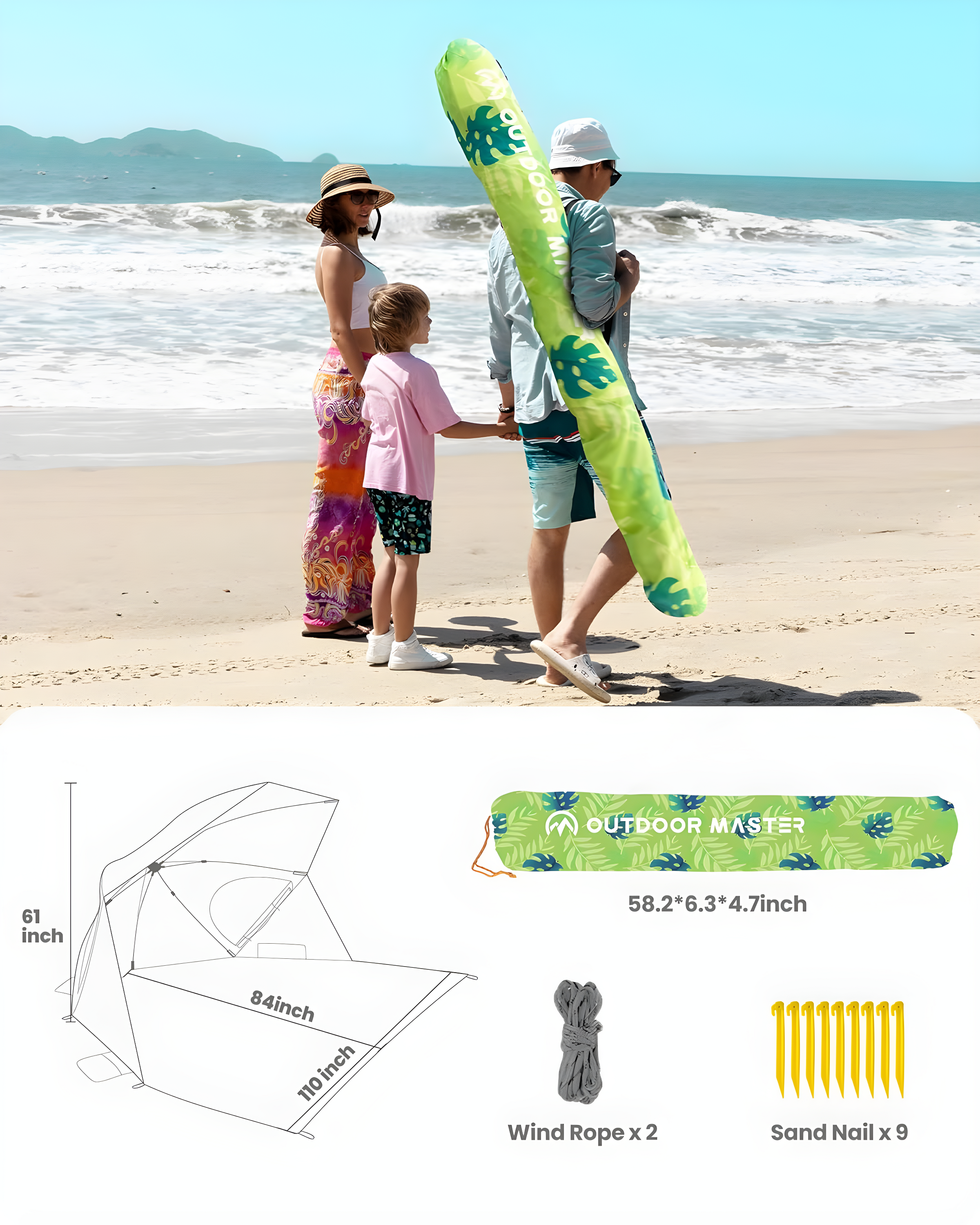 OutdoorMaster Pop Up Beach Umbrella, Portable Umbrella Shelter, Beach Shade Sun Canopy with UPF 50+ UV Protection, Extendable Floor with Carrying Bag