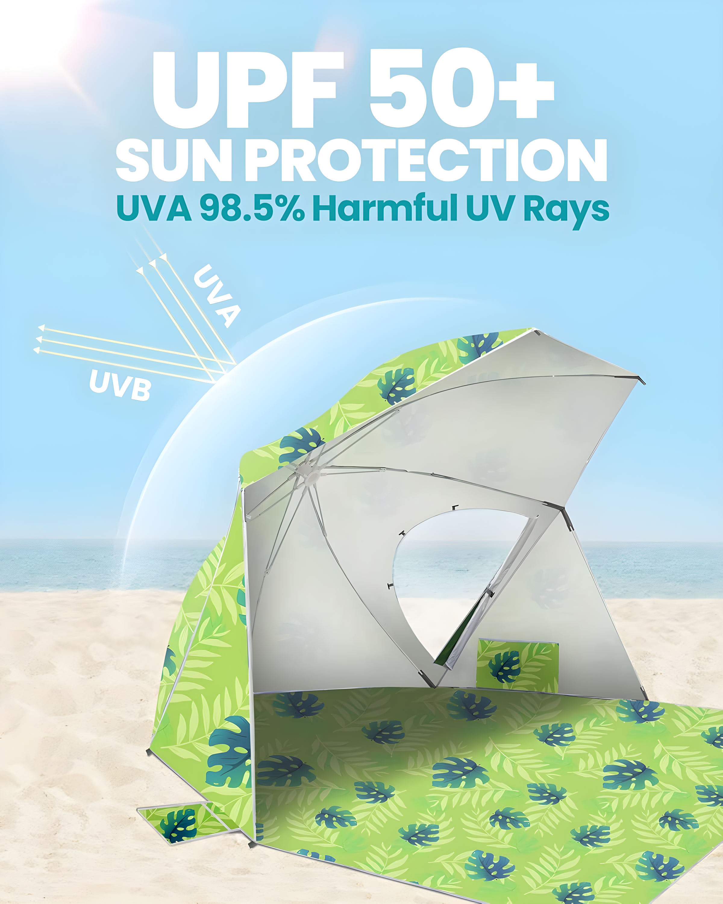 OutdoorMaster Pop Up Beach Umbrella, Portable Umbrella Shelter, Beach Shade Sun Canopy with UPF 50+ UV Protection, Extendable Floor with Carrying Bag