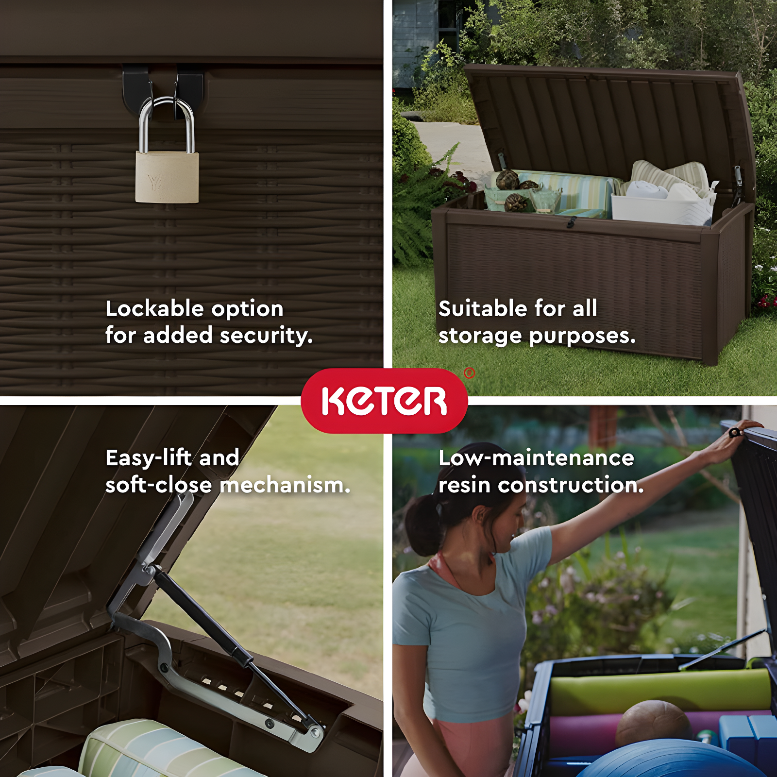 Keter Borneo 110 Gallon Rattan Wicker Resin Patio Deck Storage Box Bench