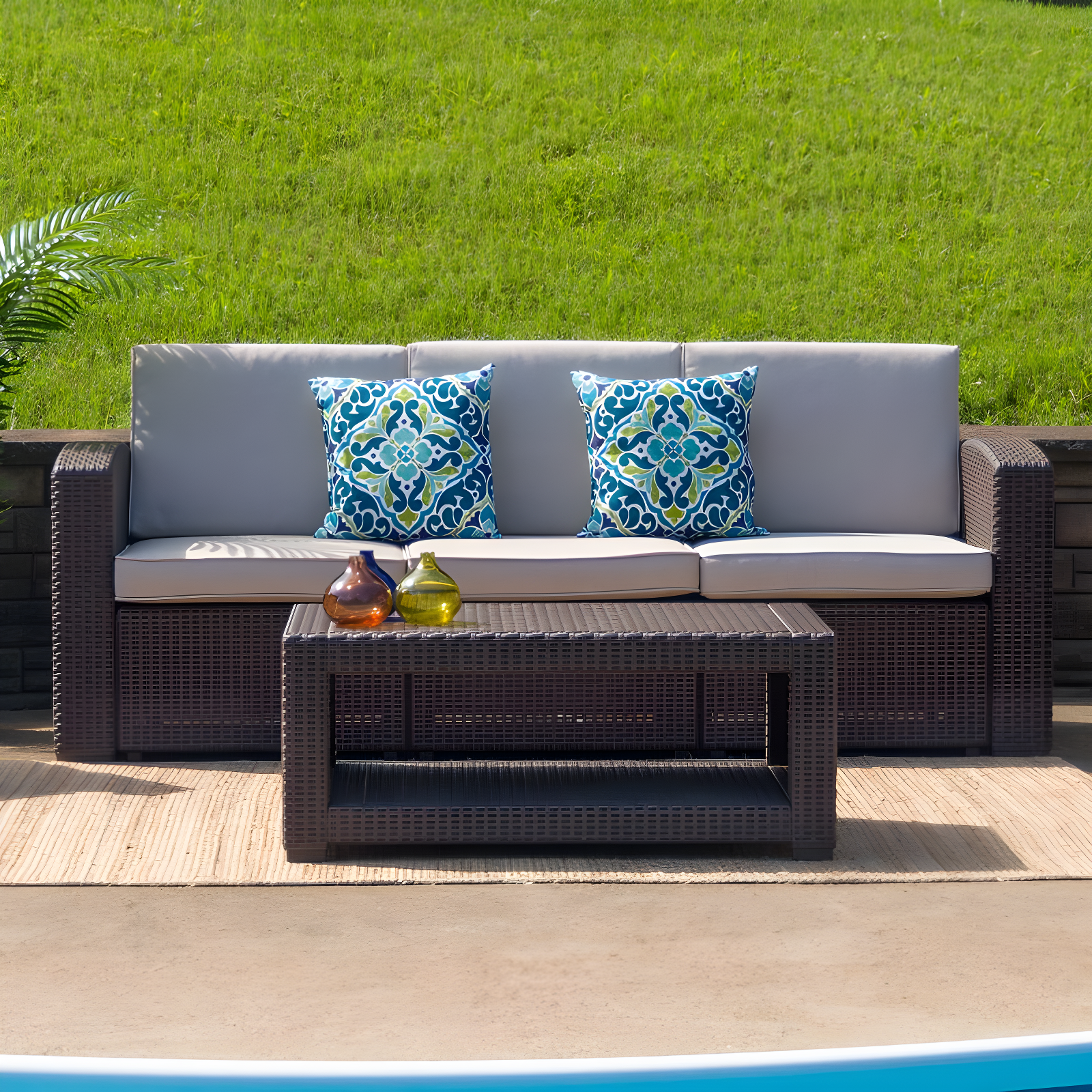 Flash Furniture Chocolate Brown Faux Rattan Sofa with All-Weather Beige Cushions