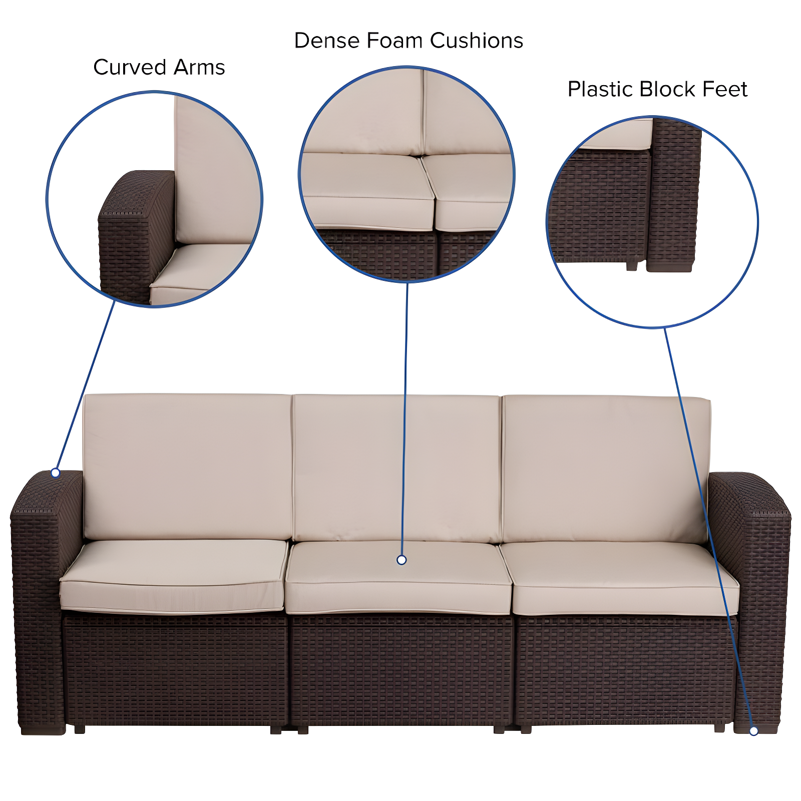 Flash Furniture Chocolate Brown Faux Rattan Sofa with All-Weather Beige Cushions