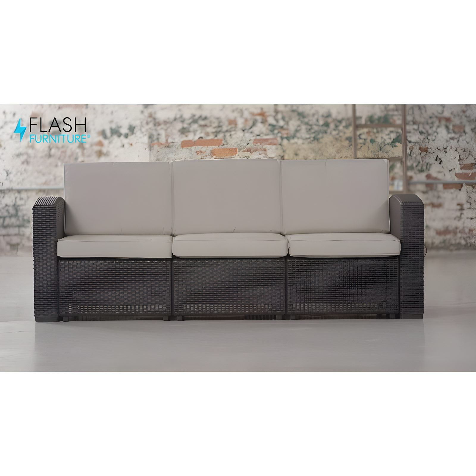 Flash Furniture Chocolate Brown Faux Rattan Sofa with All-Weather Beige Cushions