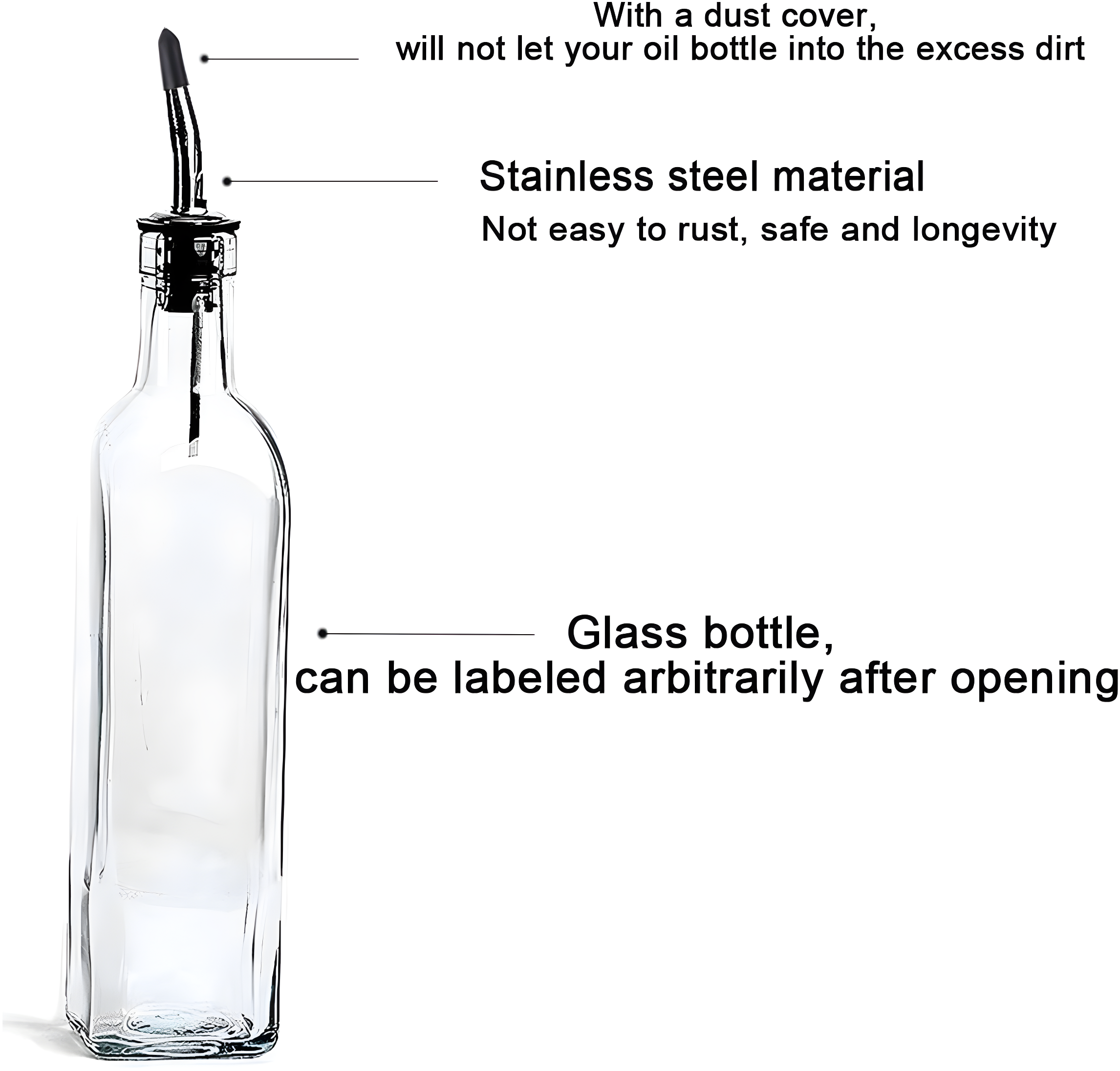 Soro Essentials- Set of 2- Glass 16 oz. Square Cruet with Stainless Steel Pourer - Vinegar and Olive Oil Bottle Dispenser Oil Bottles for Kitchen with Pourers Square Glass Oil Container