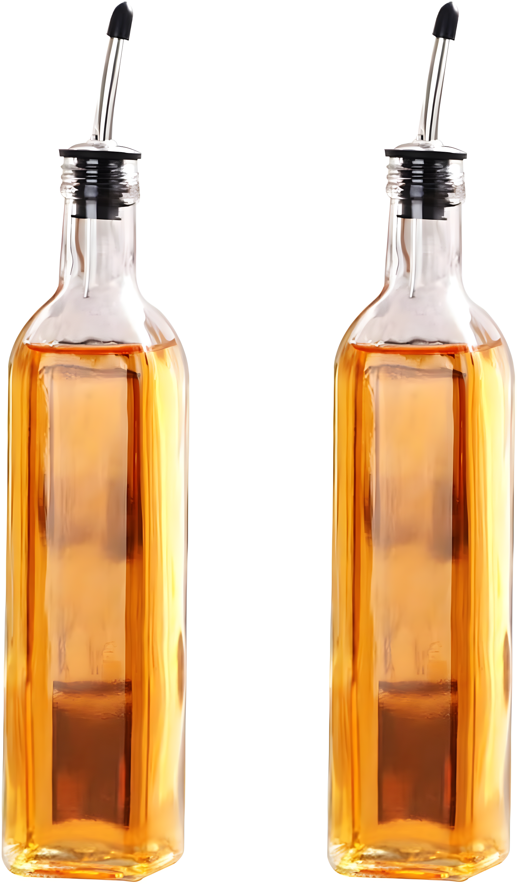 Soro Essentials- Set of 2- Glass 16 oz. Square Cruet with Stainless Steel Pourer - Vinegar and Olive Oil Bottle Dispenser Oil Bottles for Kitchen with Pourers Square Glass Oil Container