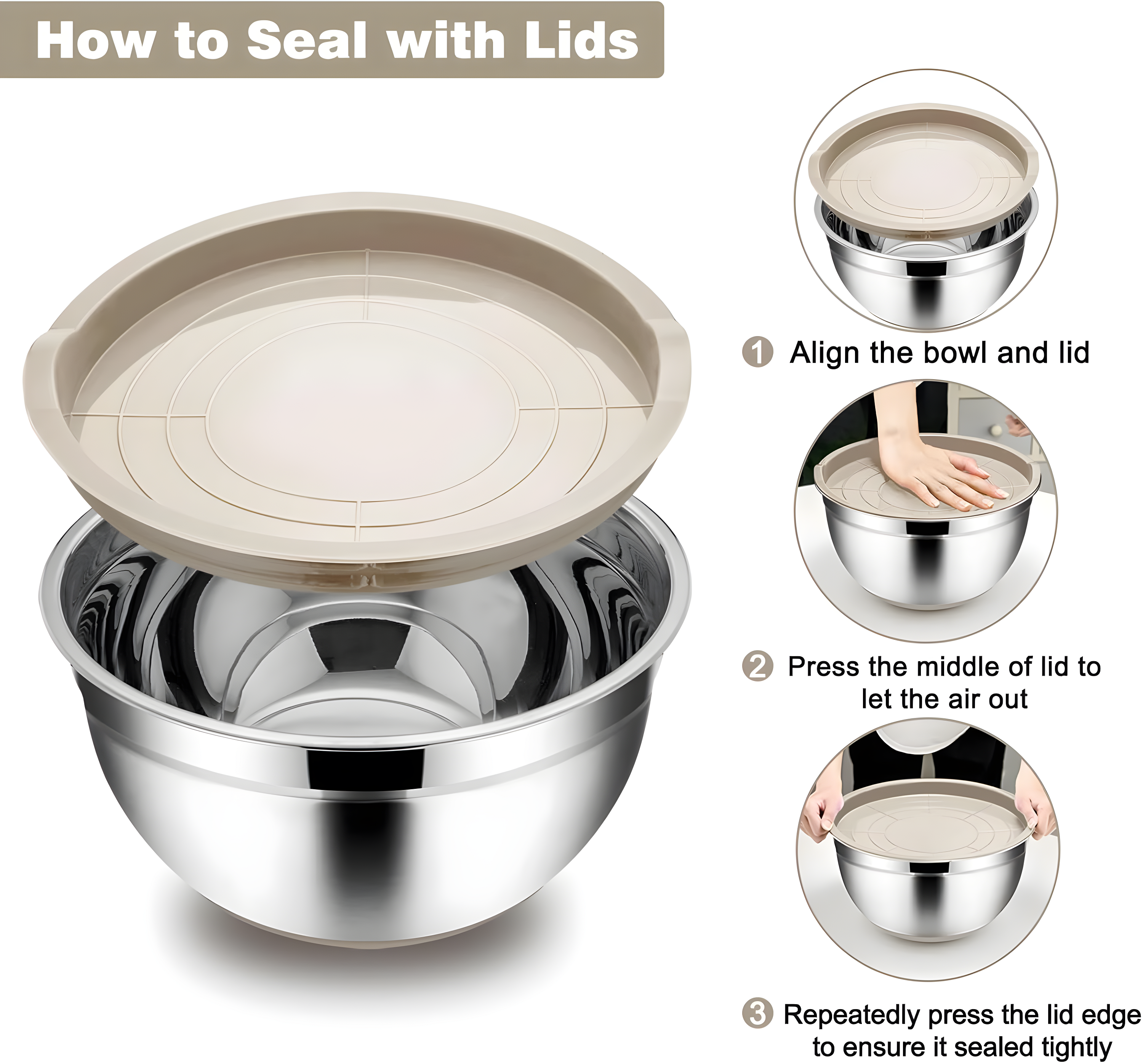 Toledo Bath & Kitchen Stainless Steel Mixing Bowls With Lids, 5-Pack Metal Nesting Bowls With Airtight Covers For Cooking, Baking, Serving, Storage, Non-Toxic & Dishwasher Safe, Size 4.6/3/1.5/1/0.7QT - Khaki