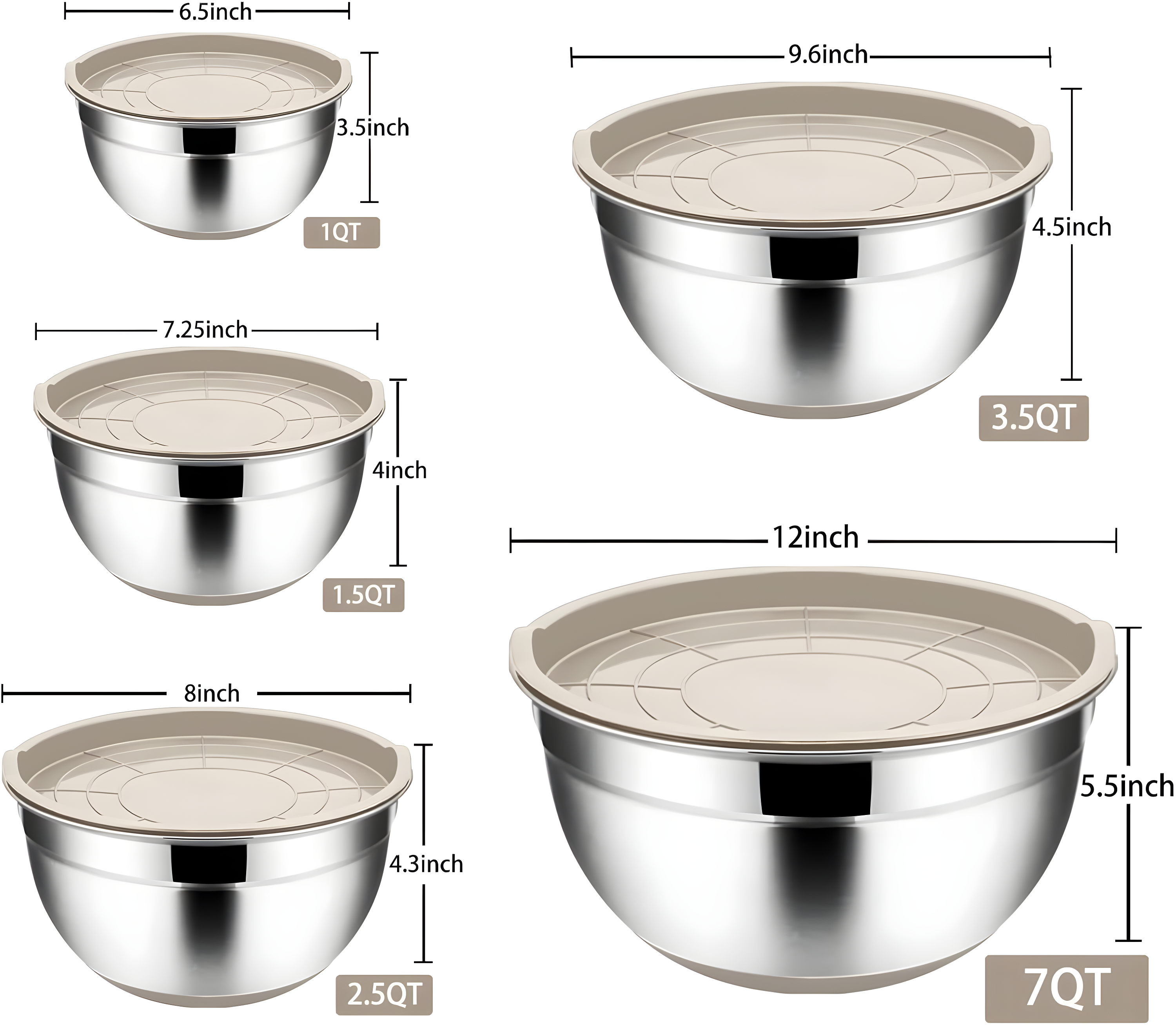 Toledo Bath & Kitchen Stainless Steel Mixing Bowls With Lids, 5-Pack Metal Nesting Bowls With Airtight Covers For Cooking, Baking, Serving, Storage, Non-Toxic & Dishwasher Safe, Size 4.6/3/1.5/1/0.7QT - Khaki