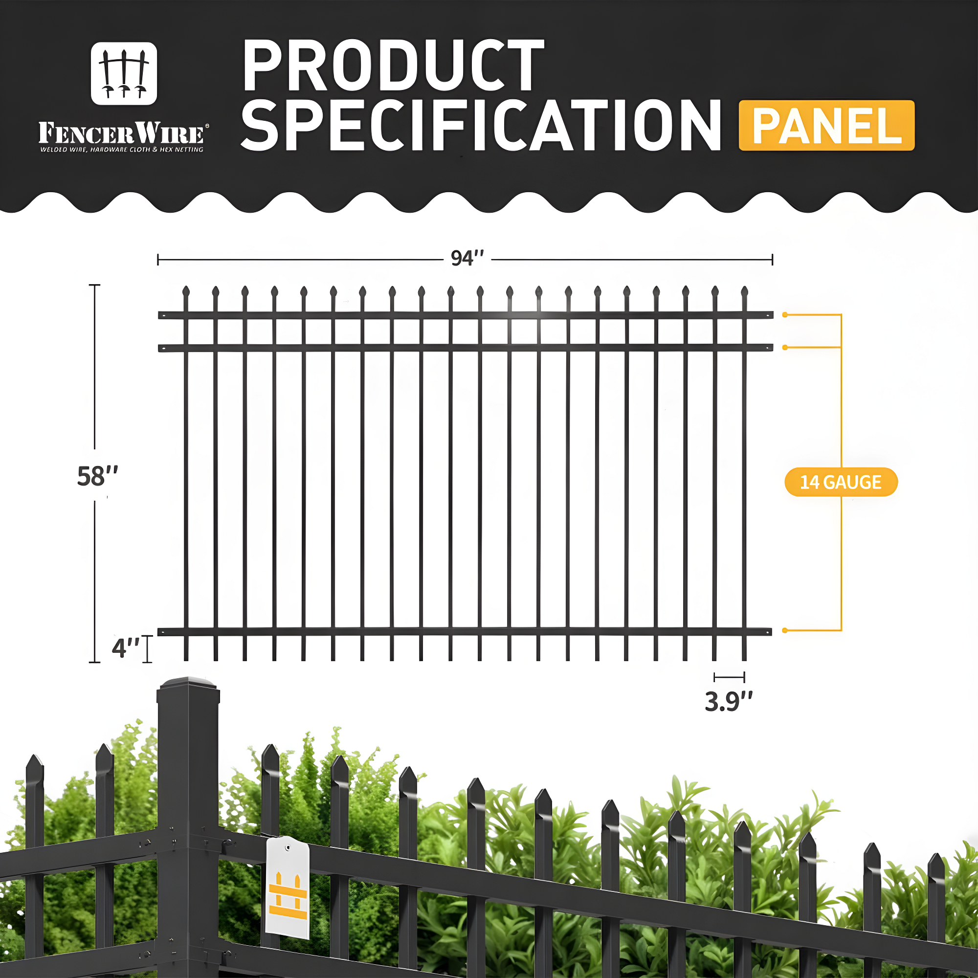 Fencer Wire Heavy Duty Pinnacle Fence Barrier Panel, 5FT Height X 8FT Width Anti-Rust Metal Fencing Panel, 2” Diameter Steel Outdoor Decorative Garden Fence Panel for Yard, Pool, Patio, Single Panel