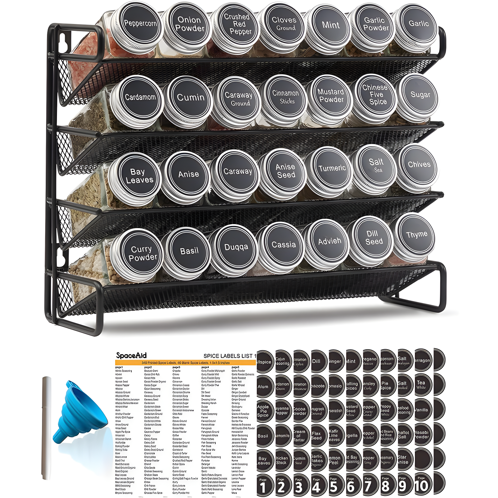 SpaceAid Spice Rack Organizer Set with Spice Jars, 386 Labels, Chalk Marker, and Funnel – For Cabinet, Countertop, Pantry, Cupboard, or Wall Mount