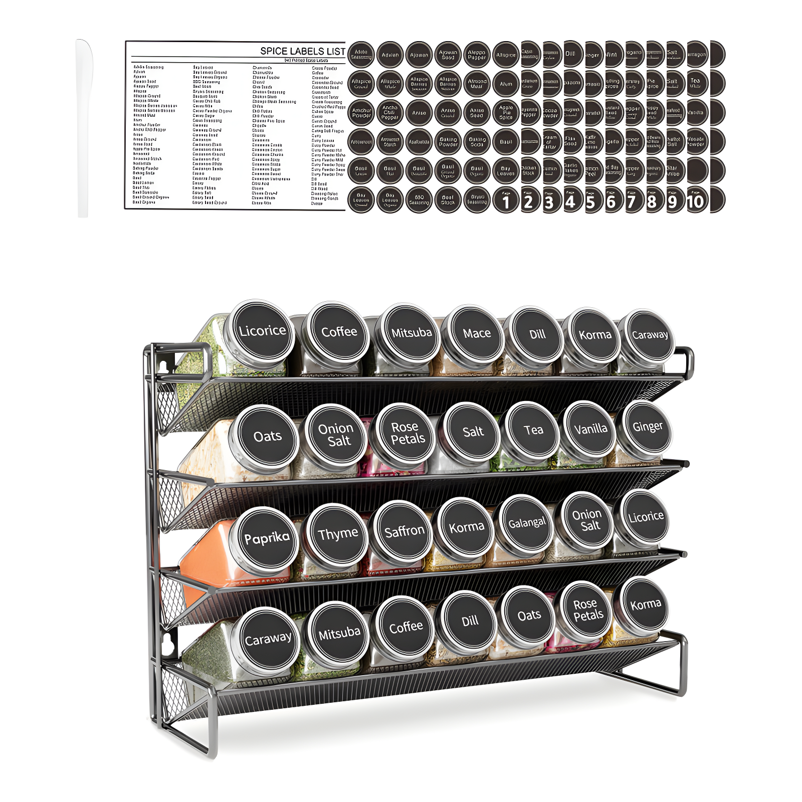 SpaceAid Spice Rack Organizer Set with Spice Jars, 386 Labels, Chalk Marker, and Funnel – For Cabinet, Countertop, Pantry, Cupboard, or Wall Mount
