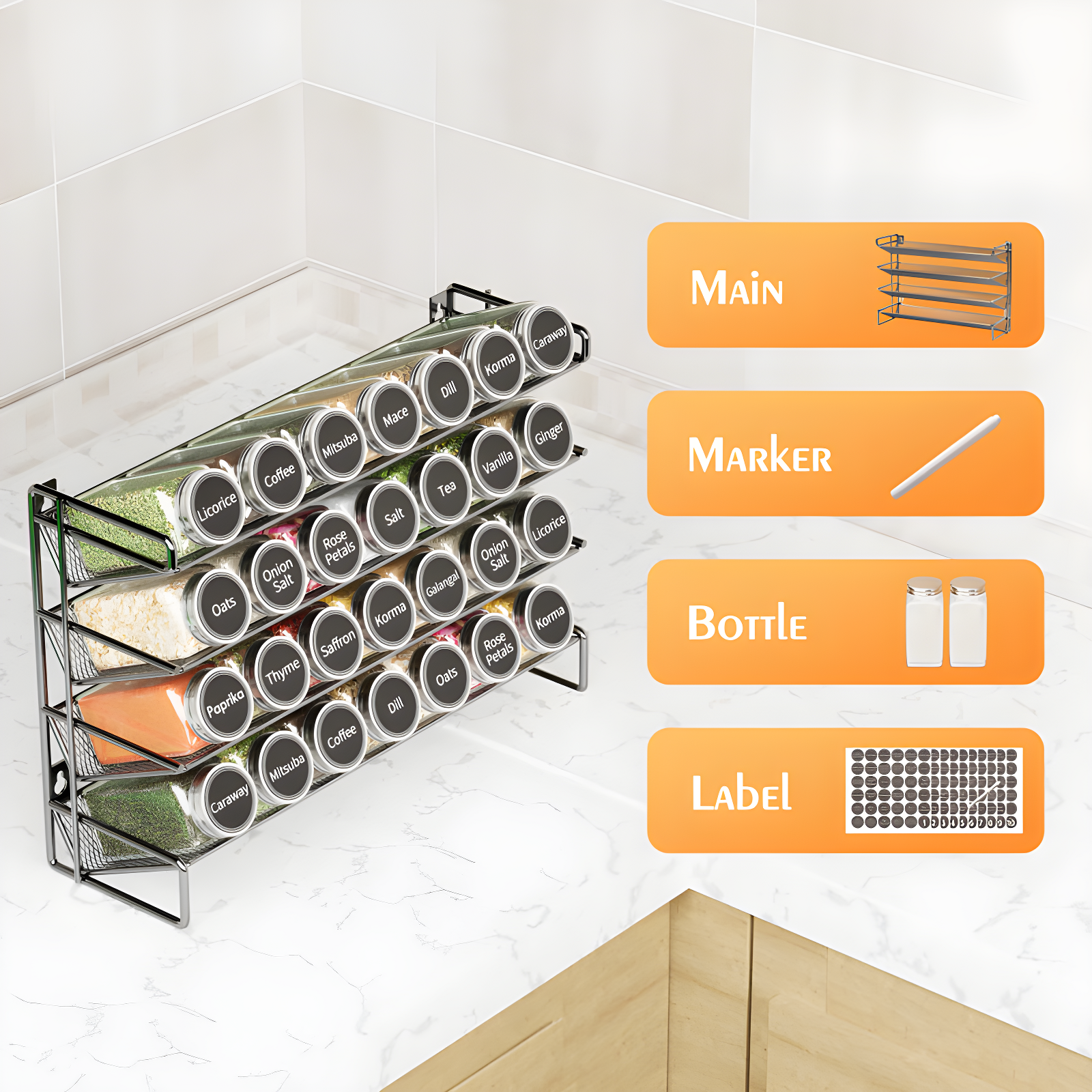SpaceAid Spice Rack Organizer Set with Spice Jars, 386 Labels, Chalk Marker, and Funnel – For Cabinet, Countertop, Pantry, Cupboard, or Wall Mount