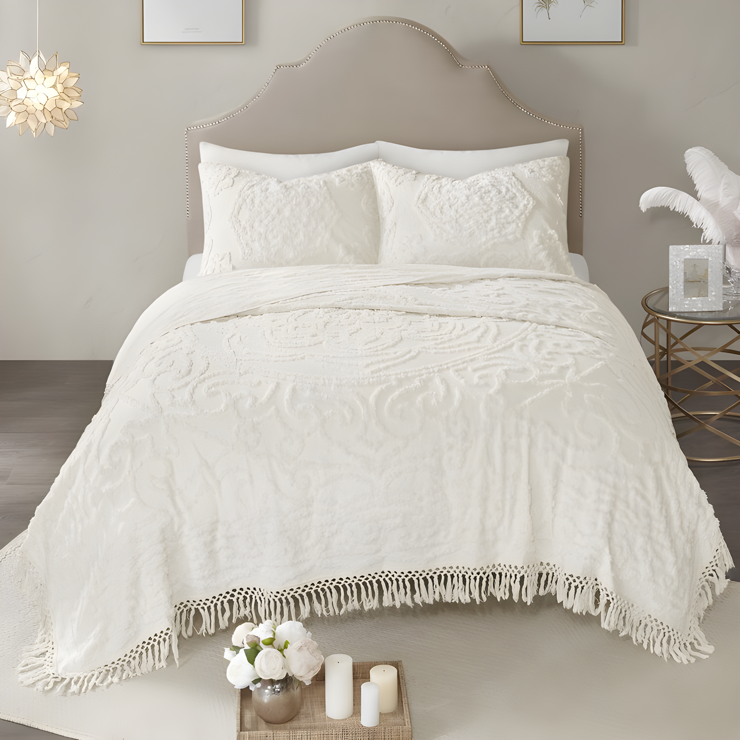 Madison Park Laetitia Tufted Chenille Cotton Medallion Fringe Coverlet Set