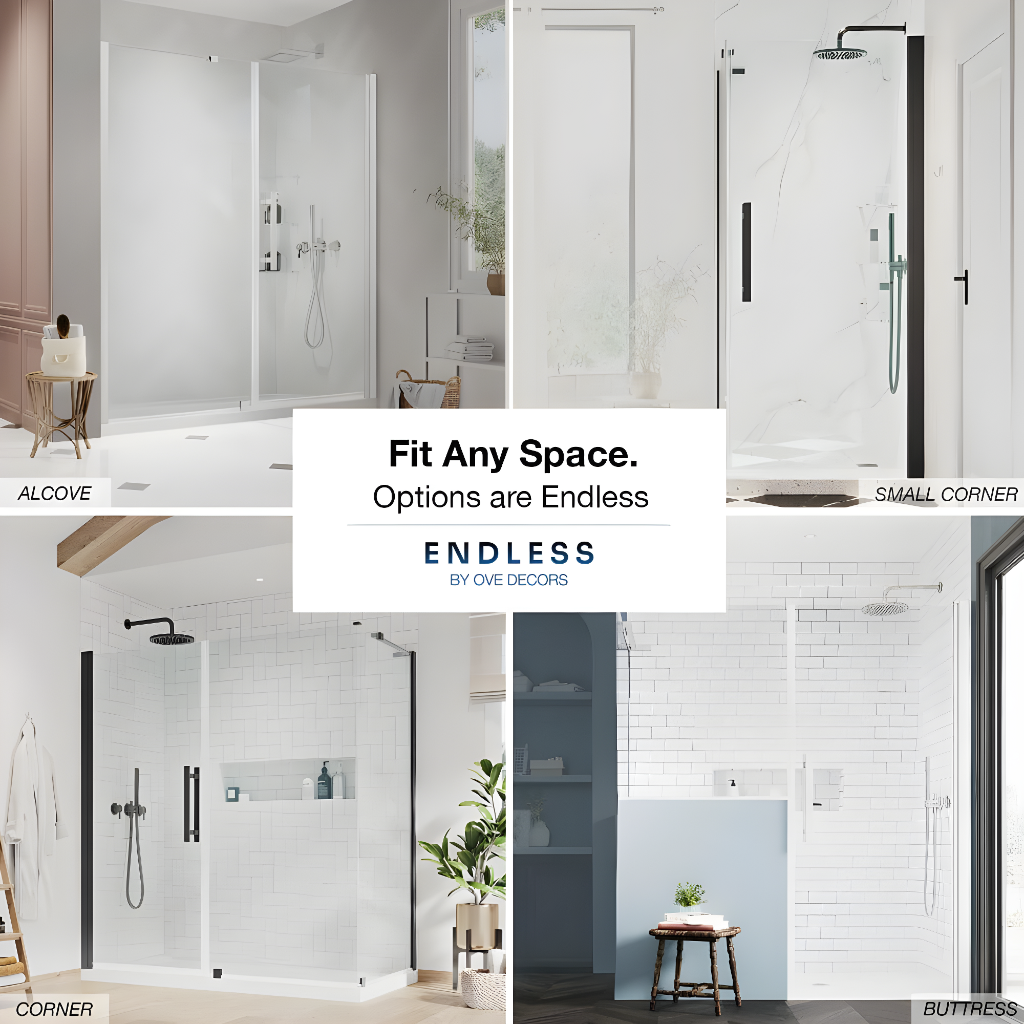 Endless Pasadena 40" W x 72" H Corner Frameless Shower Kit, Door, Panel, Base, Shelves