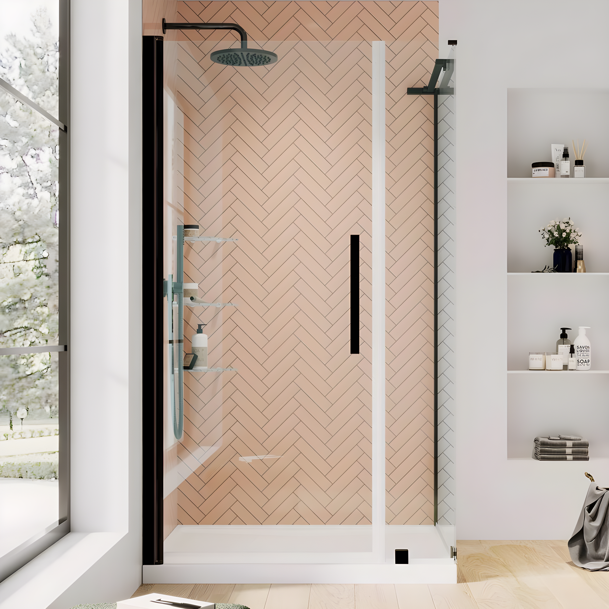 Endless Pasadena 40" W x 72" H Corner Frameless Shower Kit, Door, Panel, Base, Shelves