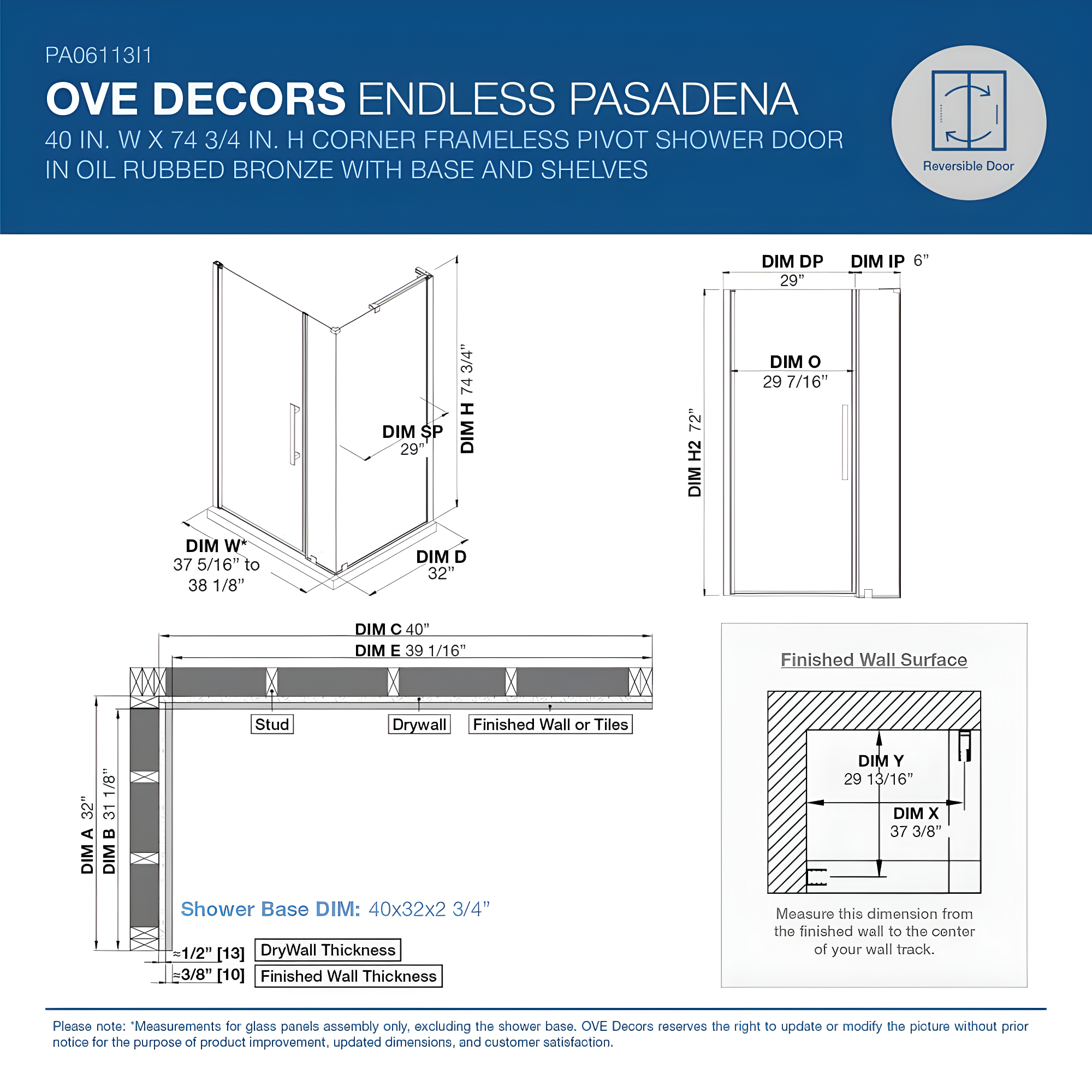 Endless Pasadena 40" W x 72" H Corner Frameless Shower Kit, Door, Panel, Base, Shelves