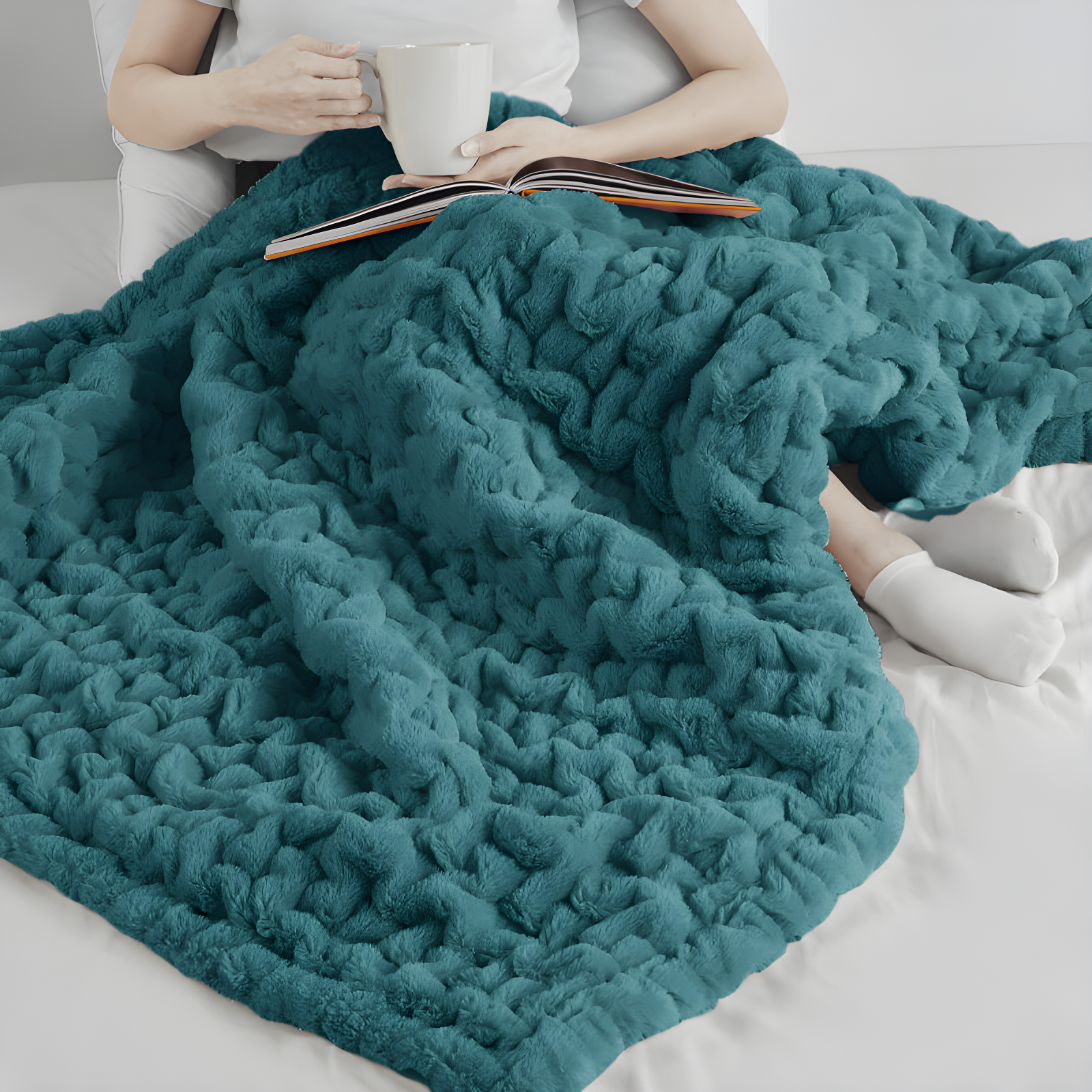 Madison Park Teal Ruched Fur Throw 50x60"