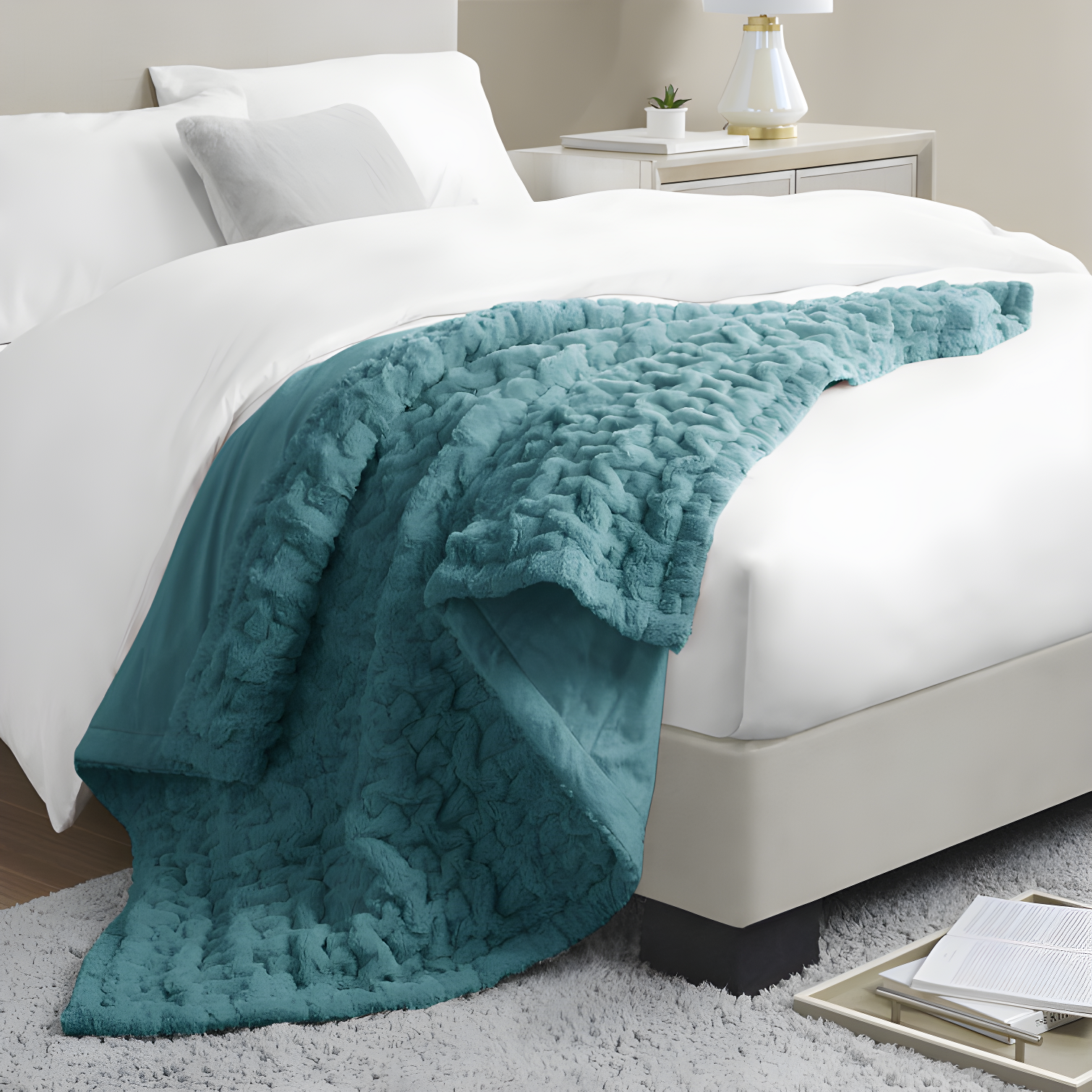 Madison Park Teal Ruched Fur Throw 50x60"