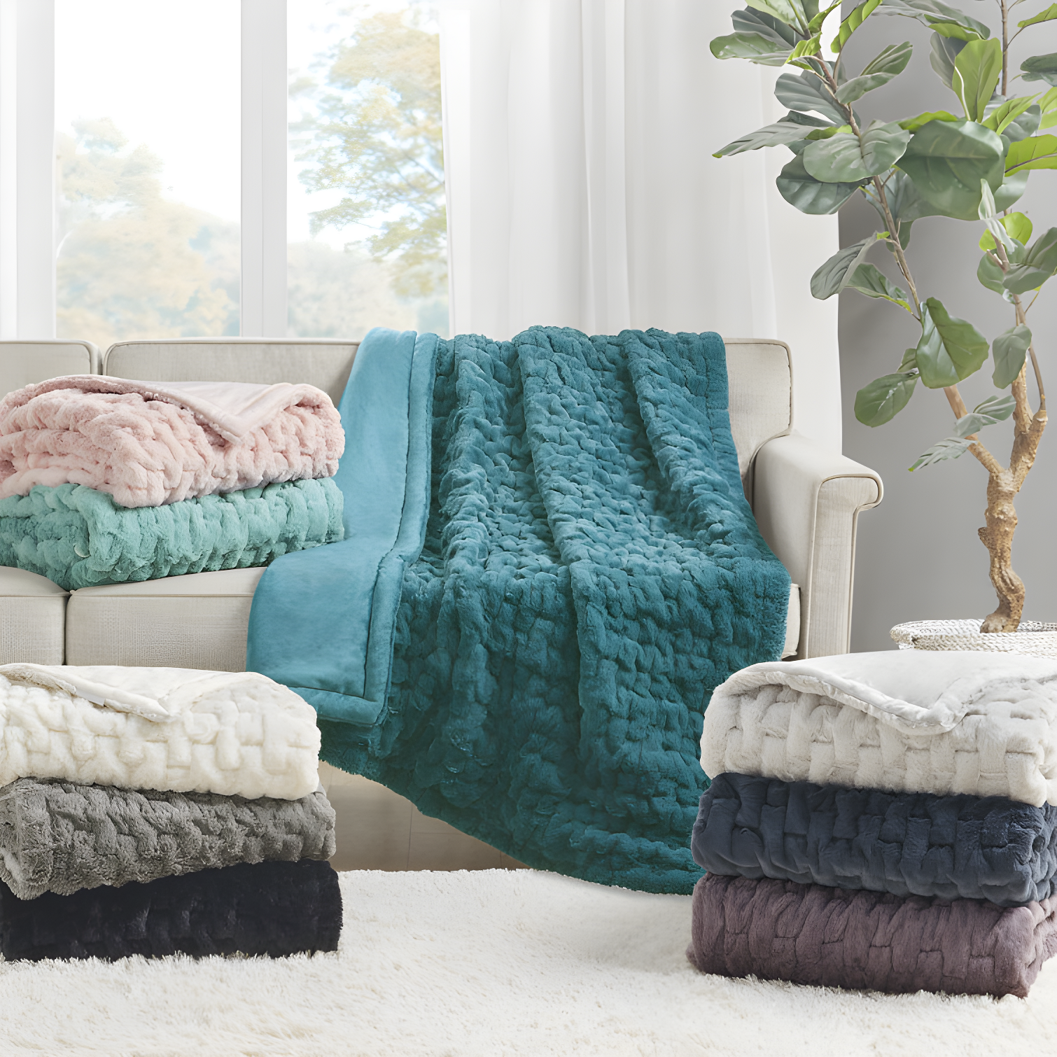 Madison Park Teal Ruched Fur Throw 50x60"