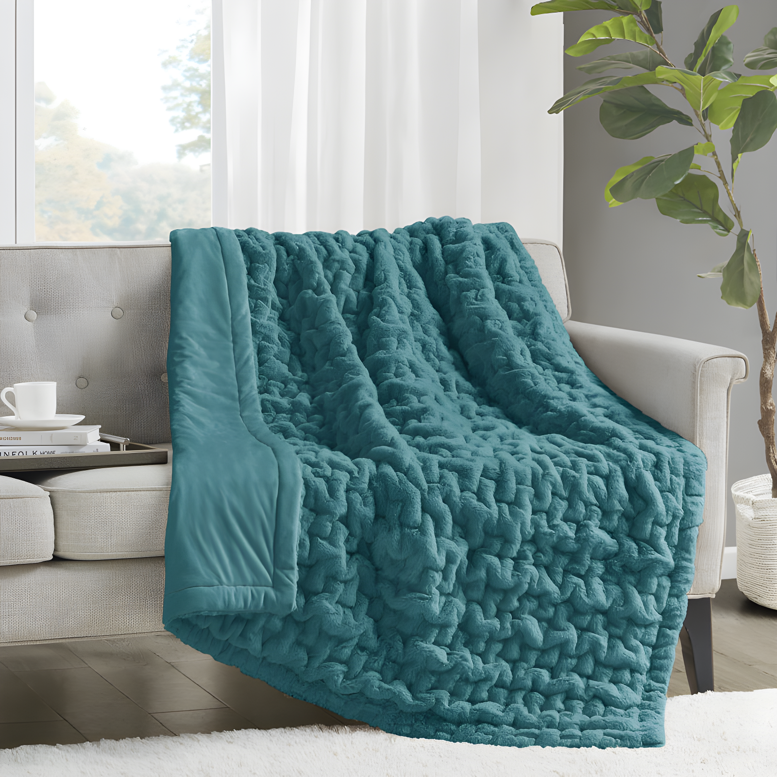 Madison Park Teal Ruched Fur Throw 50x60"