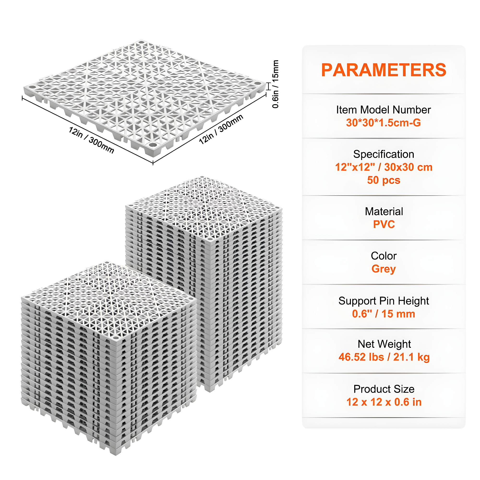 VEVOR 12" X 12" Drainage Mats In Different Colors VEVOR 12'' W x 12'' L Garage Flooring Drain Tiles (Set of 50)