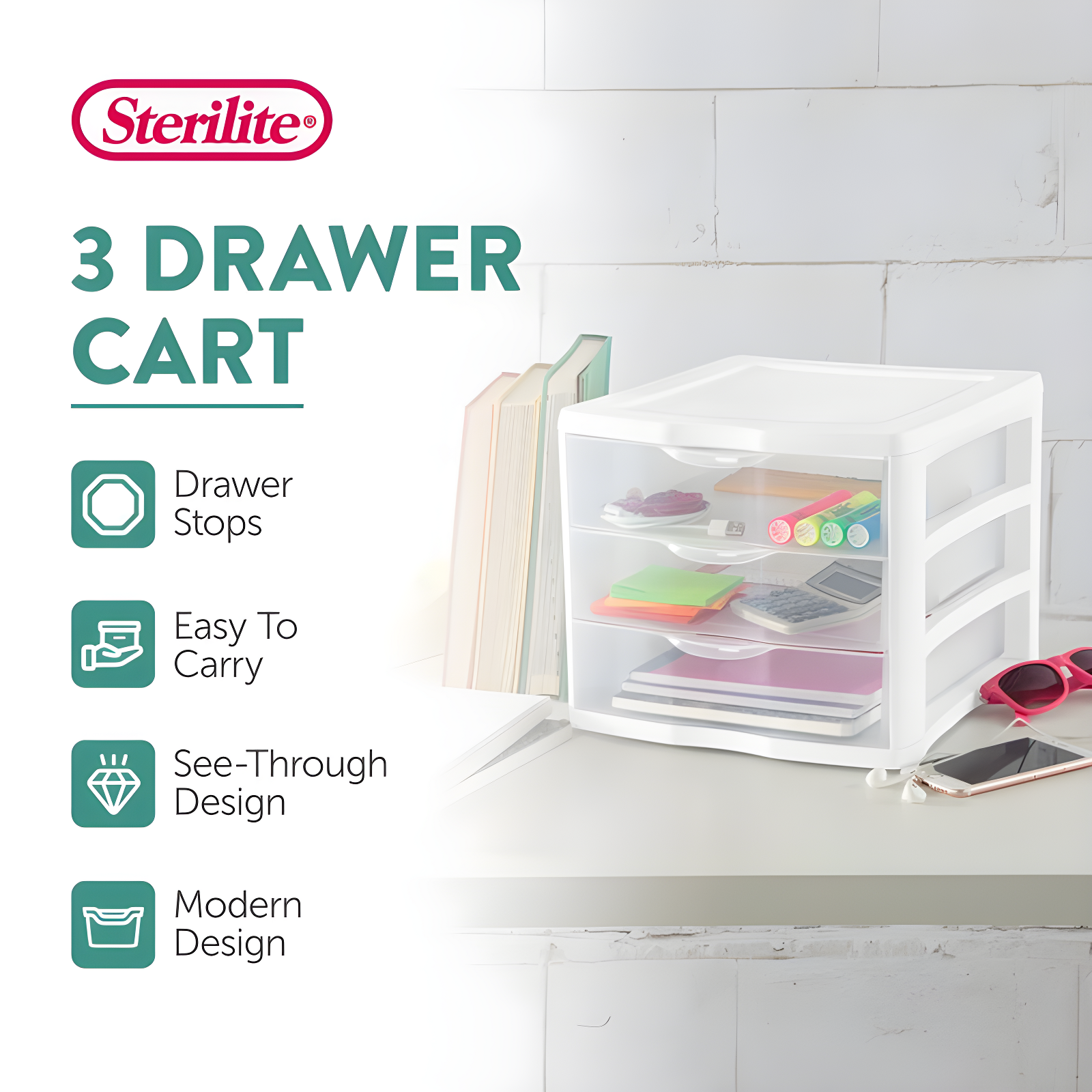 Sterilite Sterilite Clearview Plastic Multipurpose Small 3 Drawer Desktop Storage Organization Unit for Home, Classrooms, or Office Spaces