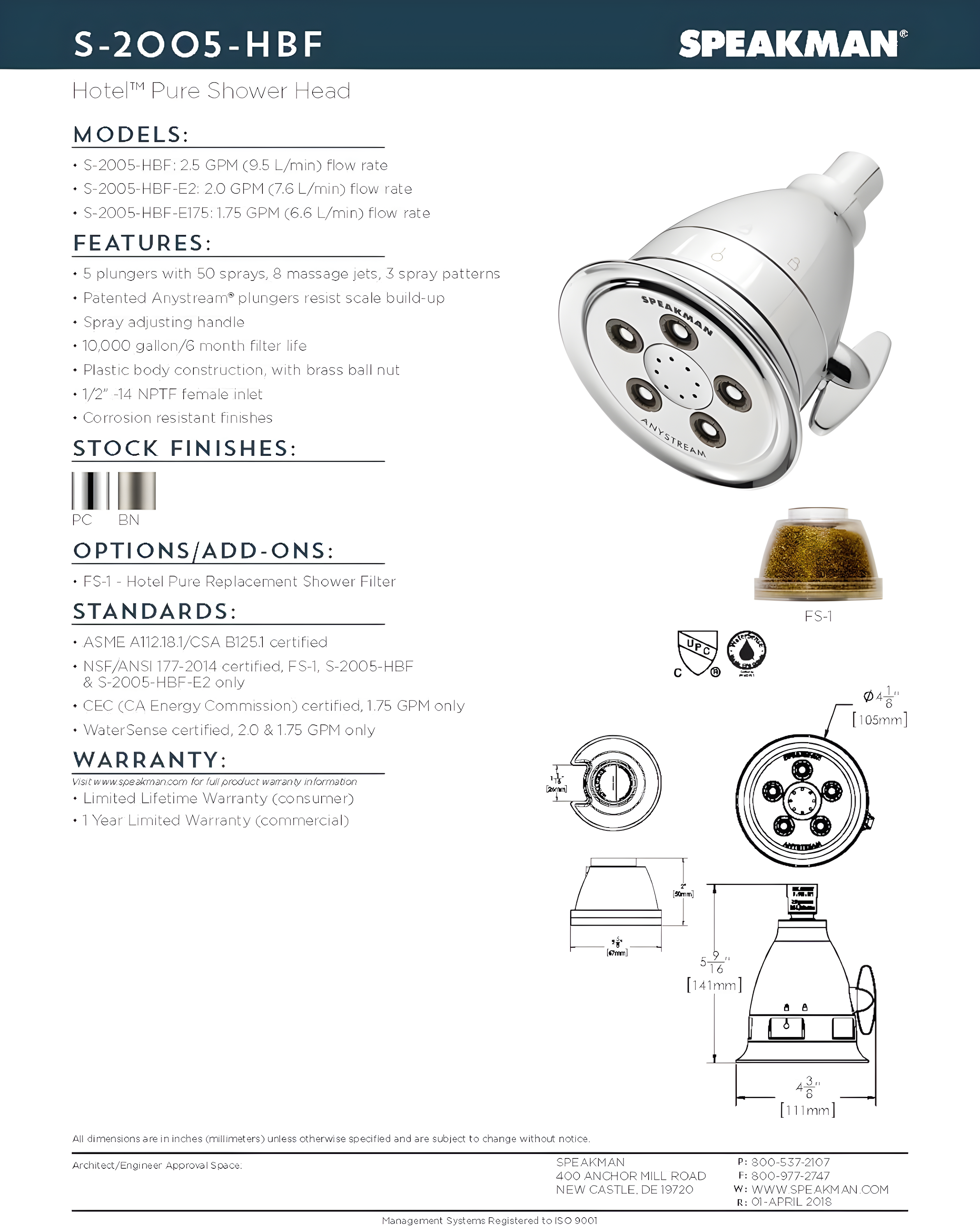 Speakman Hotel Pure Anystream High Pressure Shower Head-1.75 GPM Adjustable Showerhead with Filter, Polished Chrome
