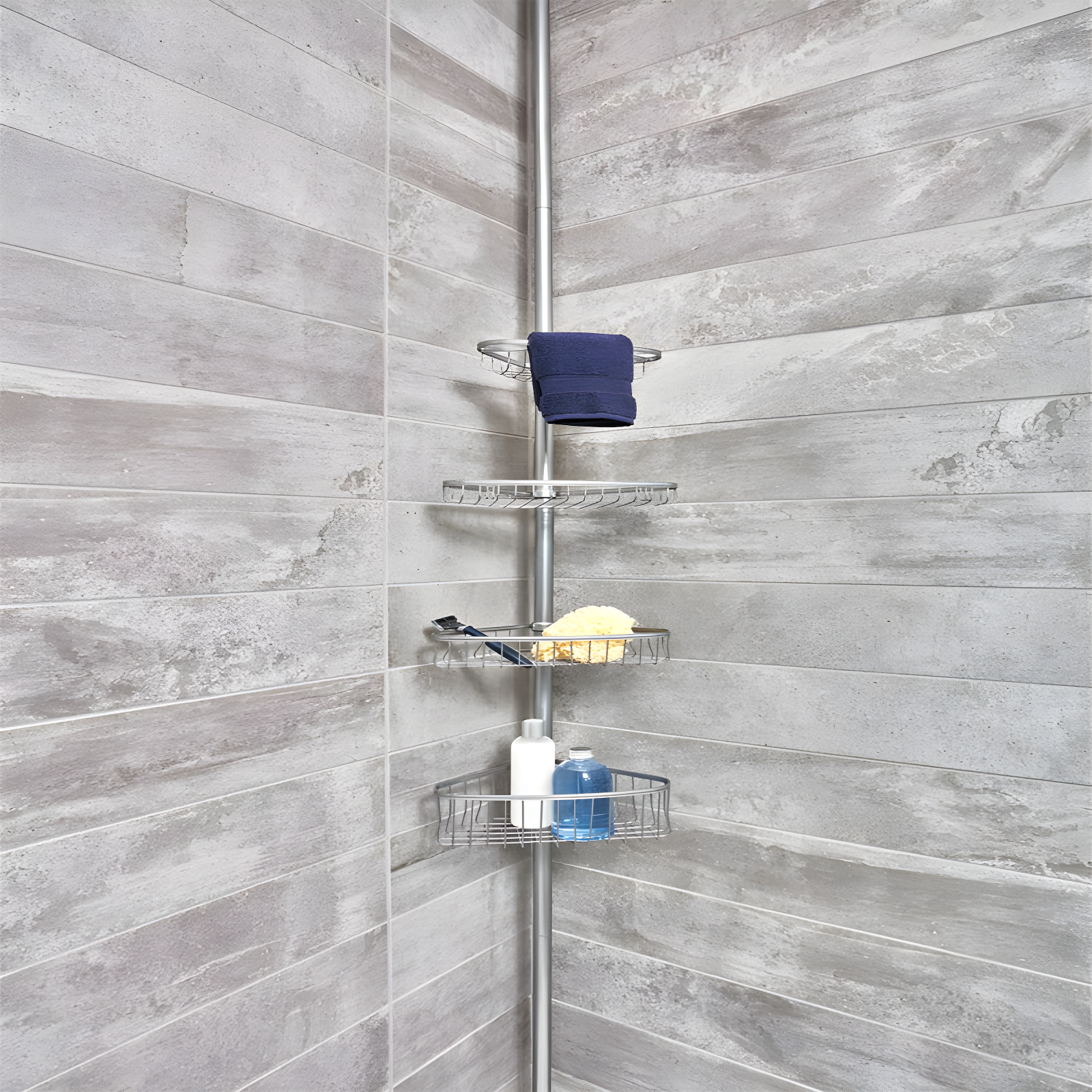 iDESIGN Steel 4 Tier Tension Pole Corner Shower Caddy York Collection Silver