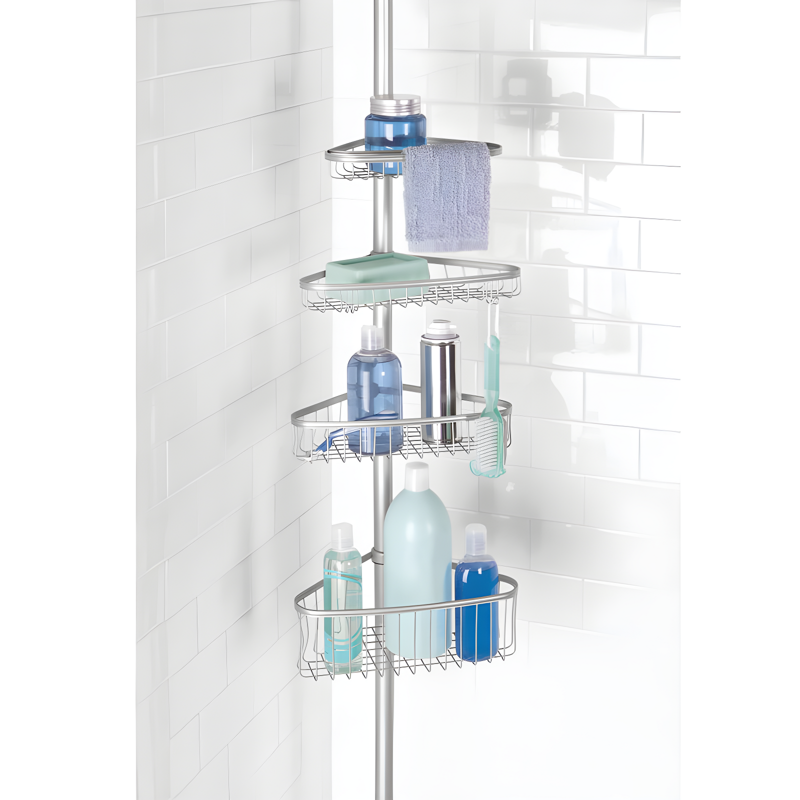 iDESIGN Steel 4 Tier Tension Pole Corner Shower Caddy York Collection Silver