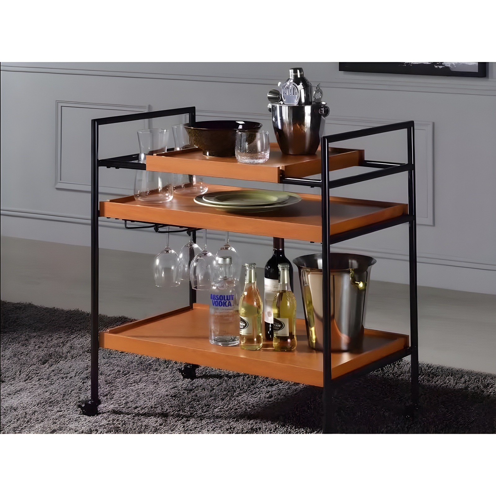 Acme Furniture Oaken Serving Cart Honey Oak/Black: Modern Mobile Beverage & Coffee Station with Casters/Wheels
